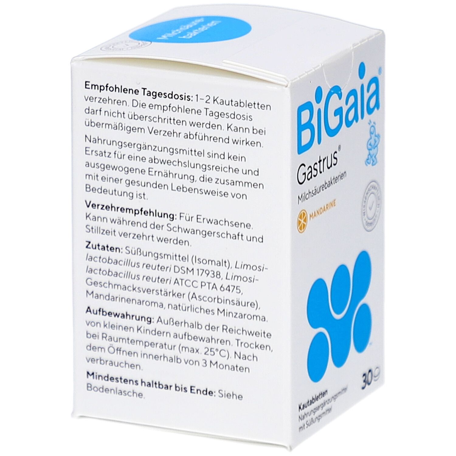 Schachtel BiGaia Gastrus. Aufschrift: Milchsäurebakterien, 30 Tabletten. Text und Logo.