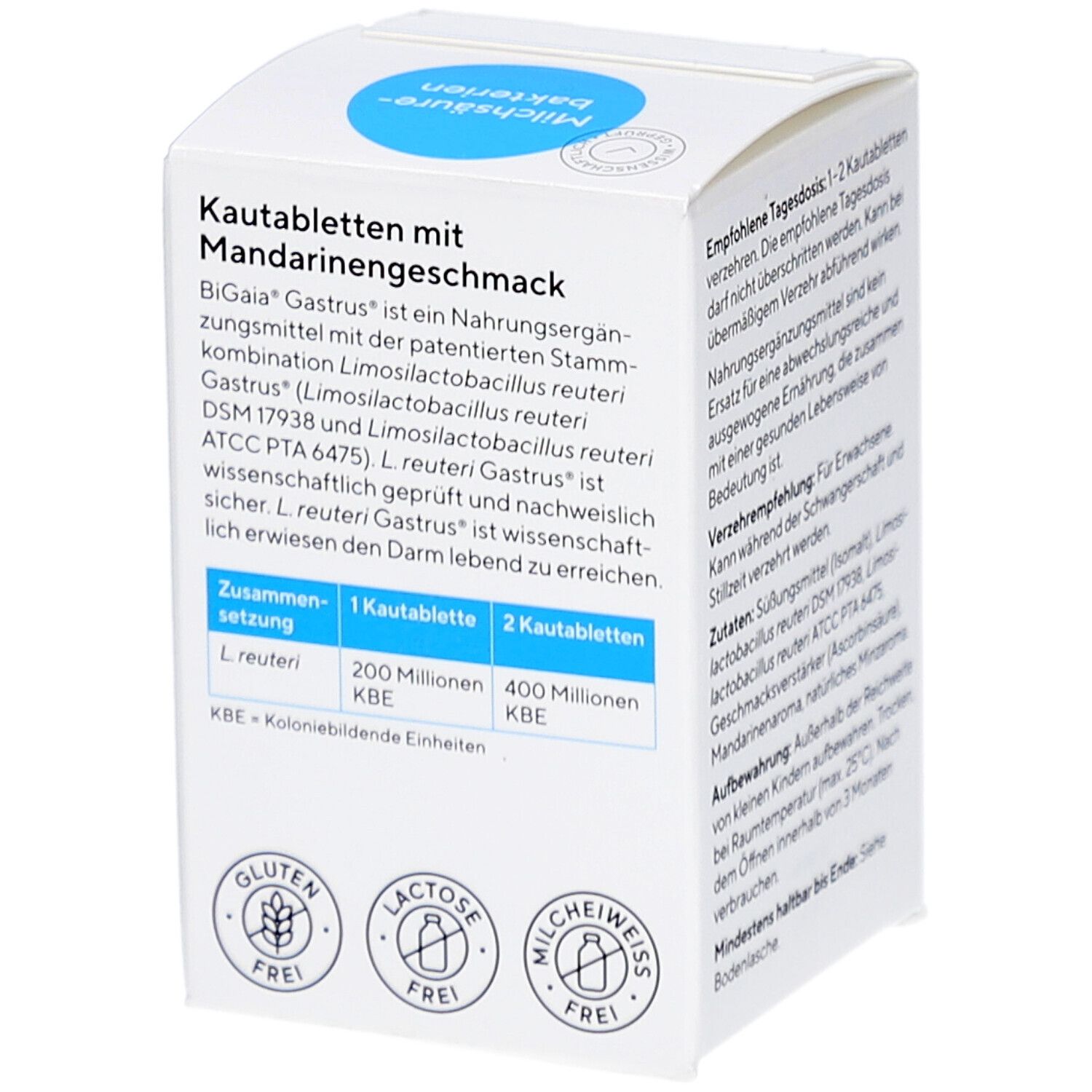 Schachtel BiGaia Gastrus. Aufschrift: Milchsäurebakterien, 30 Tabletten. Text und Logo.
