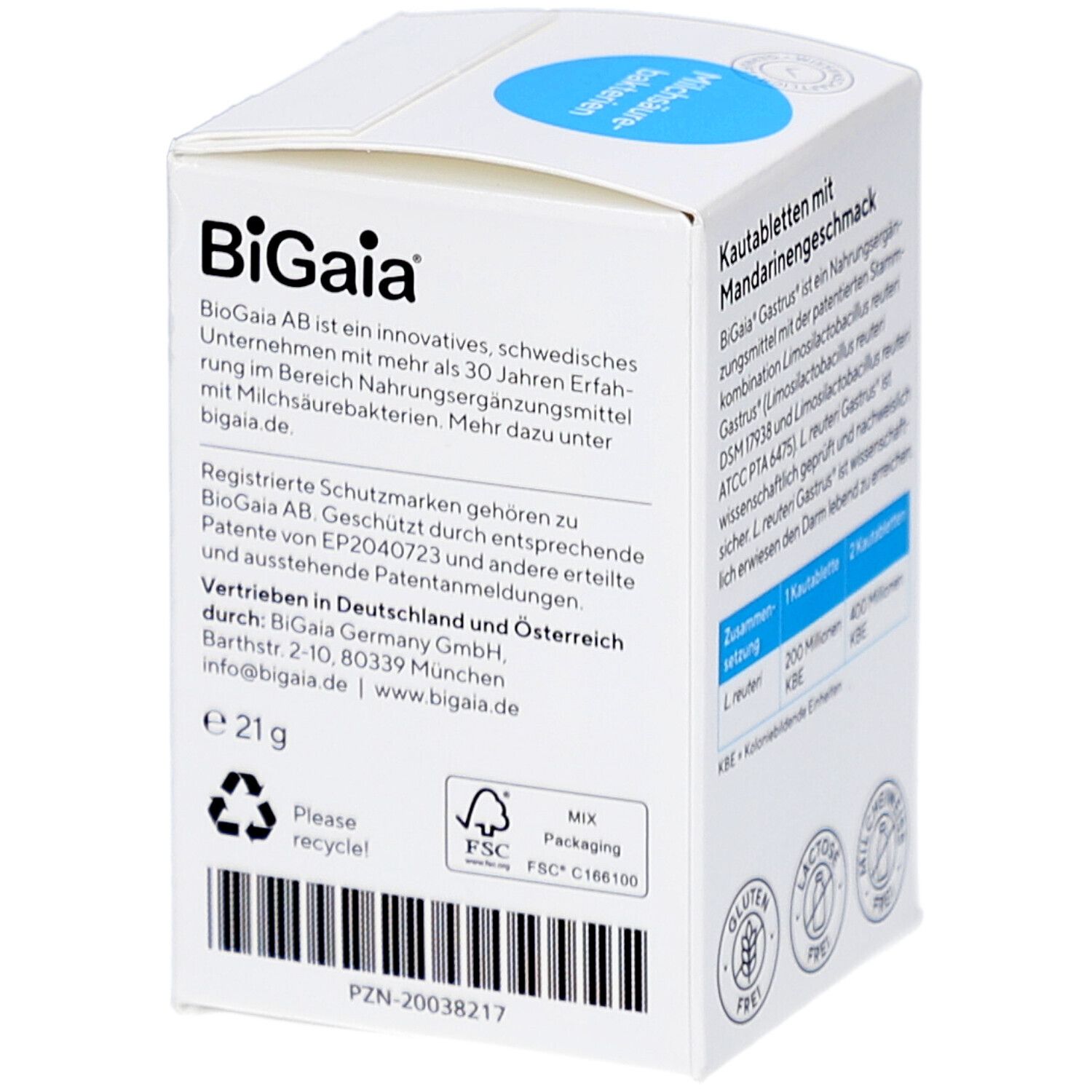 Schachtel BiGaia Gastrus. Aufschrift: Milchsäurebakterien, 30 Tabletten. Text und Logo.