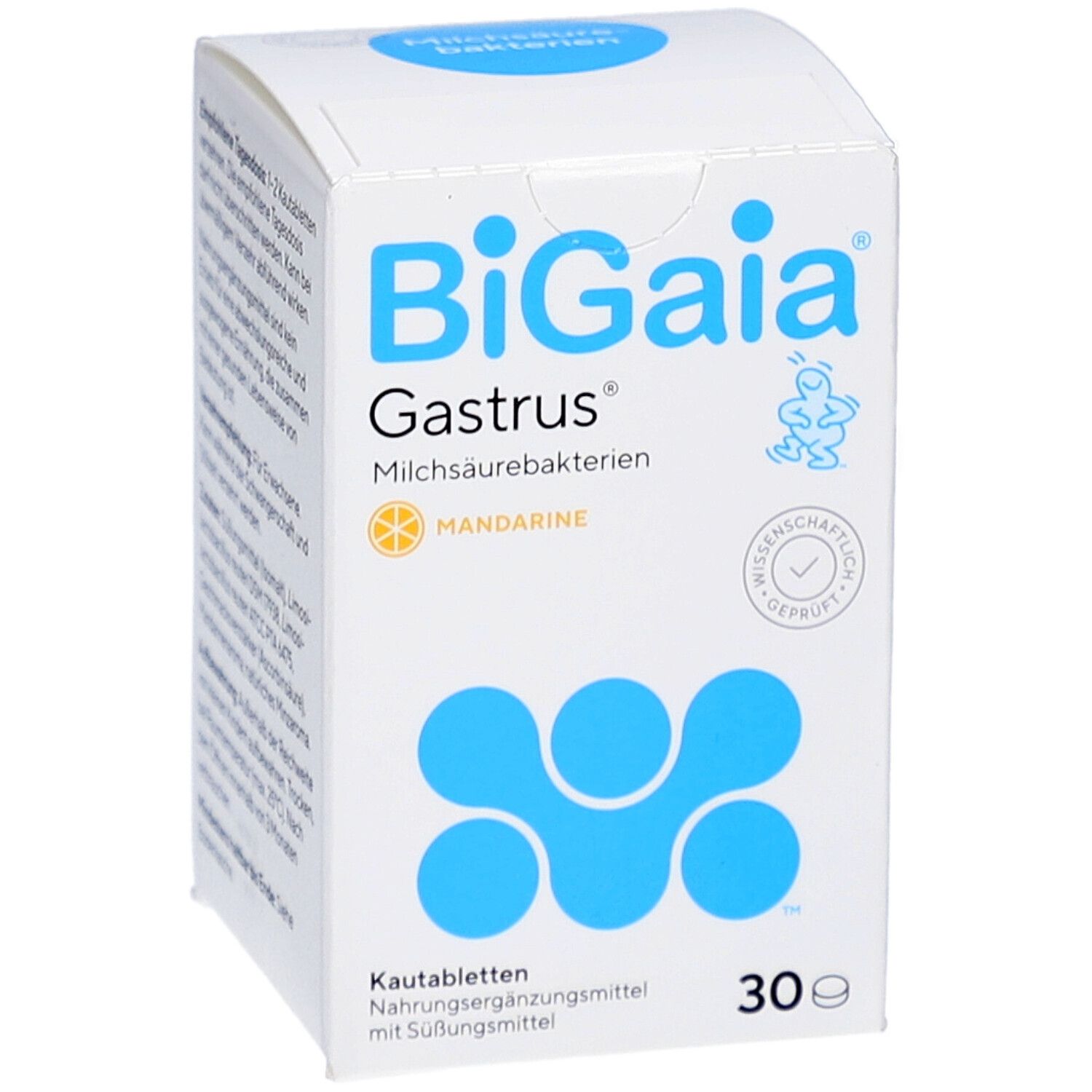 Schachtel BiGaia Gastrus. Aufschrift: Milchsäurebakterien, 30 Tabletten. Text und Logo.