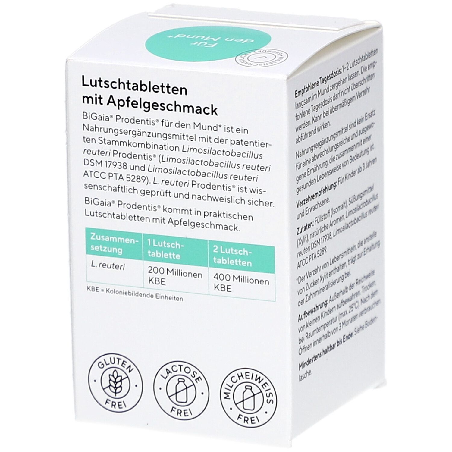 Seite der Schachtel BiGaia Prodentis. Auflistung der Inhaltsstoffe und Nährwerte.