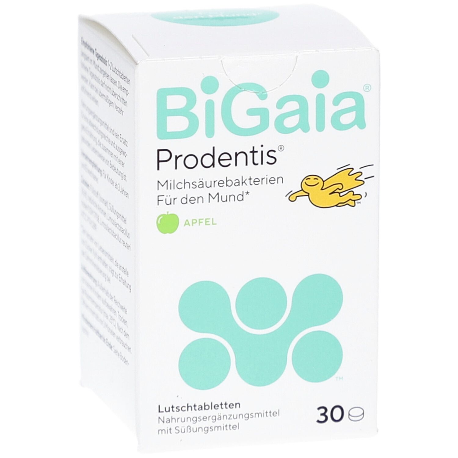 Vorderseite der Schachtel BiGaia Prodentis. Aufschrift: Milchsaurebakterien für den Mund, Apfel. 30 Lutschtabletten.