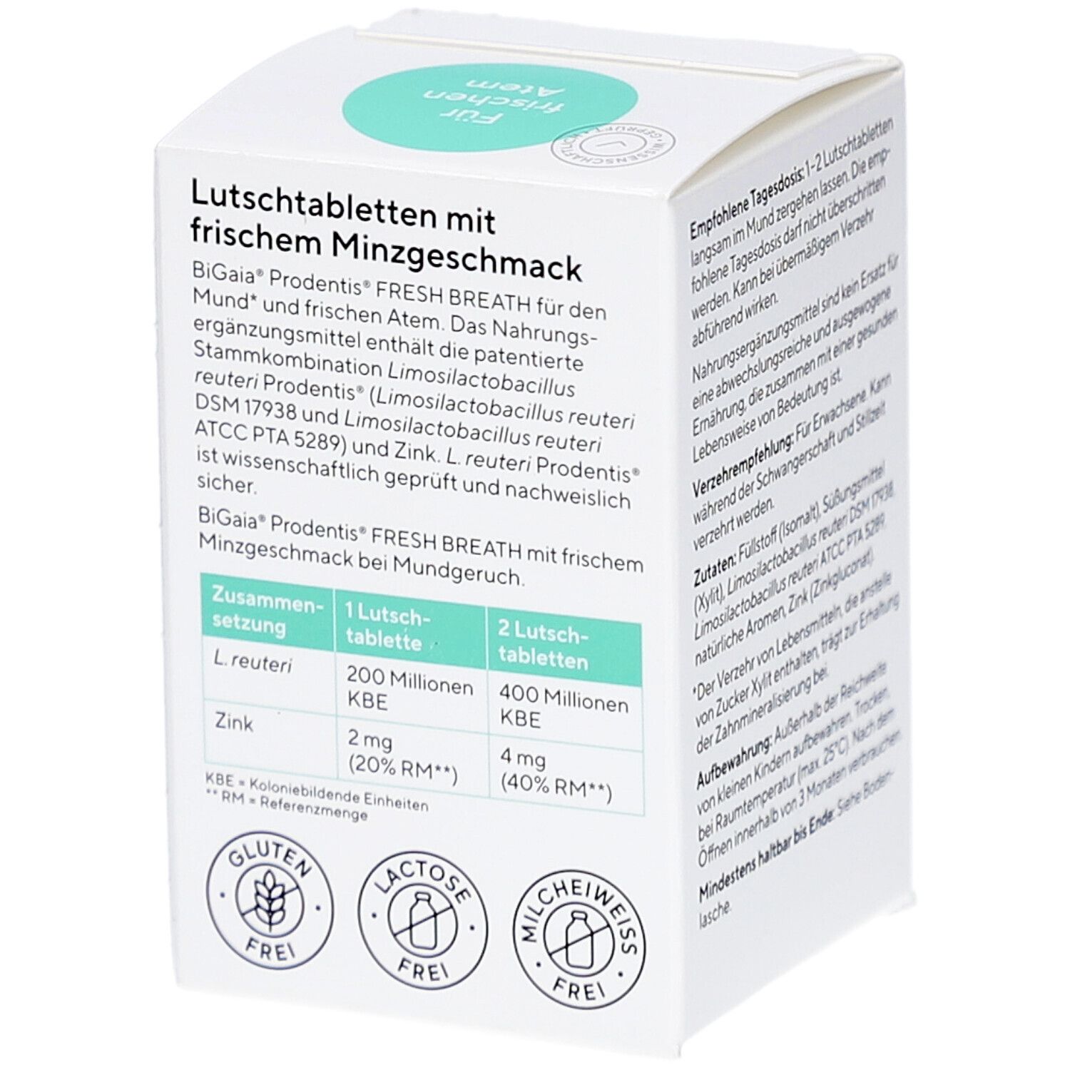 Seite der BiGaia Prodentis Schachtel. Nährwerttabelle, Informationen zu Inhaltsstoffen, Gluten-, Laktose- und Milchfrei.