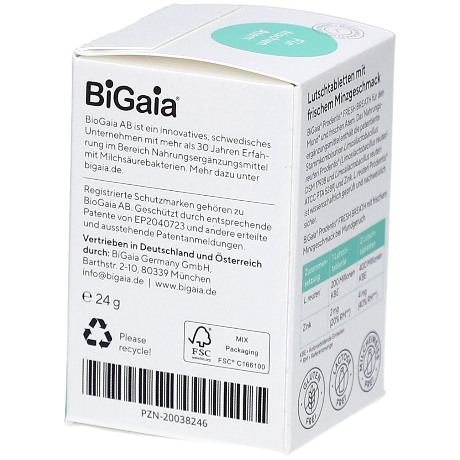 Rückseite der BiGaia Prodentis Schachtel. Text, Informationen, Recycling-Symbol, FSC-Zertifizierung.