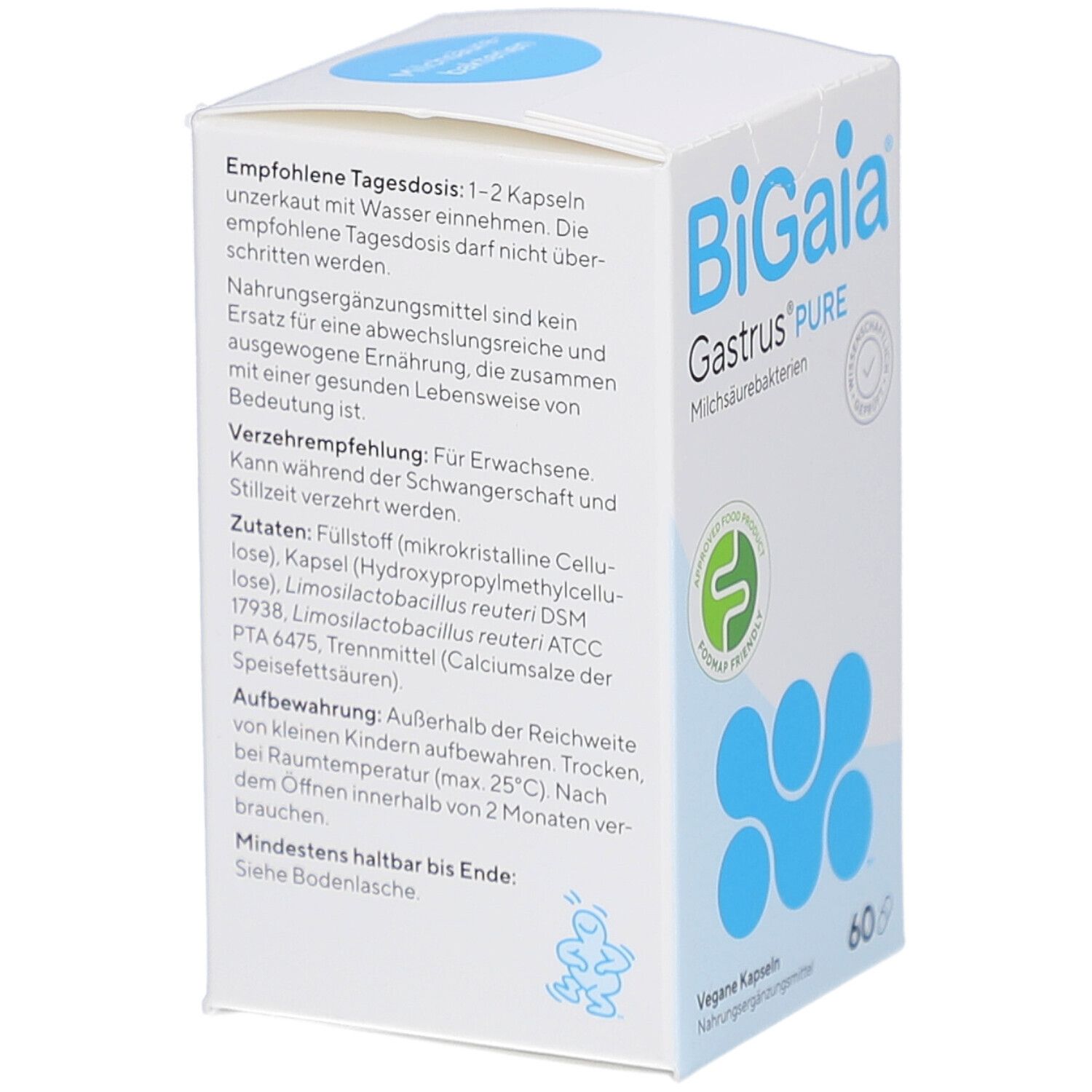 Rückseite der BioGaia Gastrus® Pure Verpackung. Enthält Informationen zu Inhaltsstoffen, Dosierung und Lagerung.