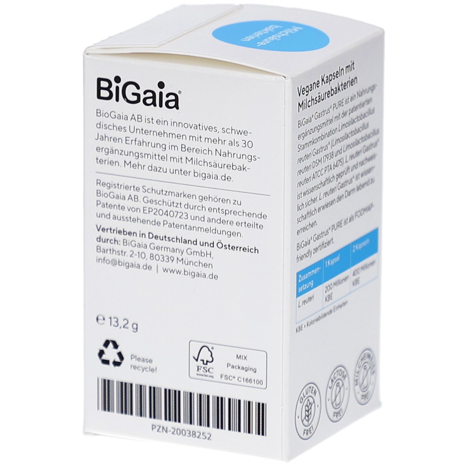 Rückseite der BioGaia Gastrus® Pure Verpackung. Enthält Informationen zum Hersteller und Recycling.