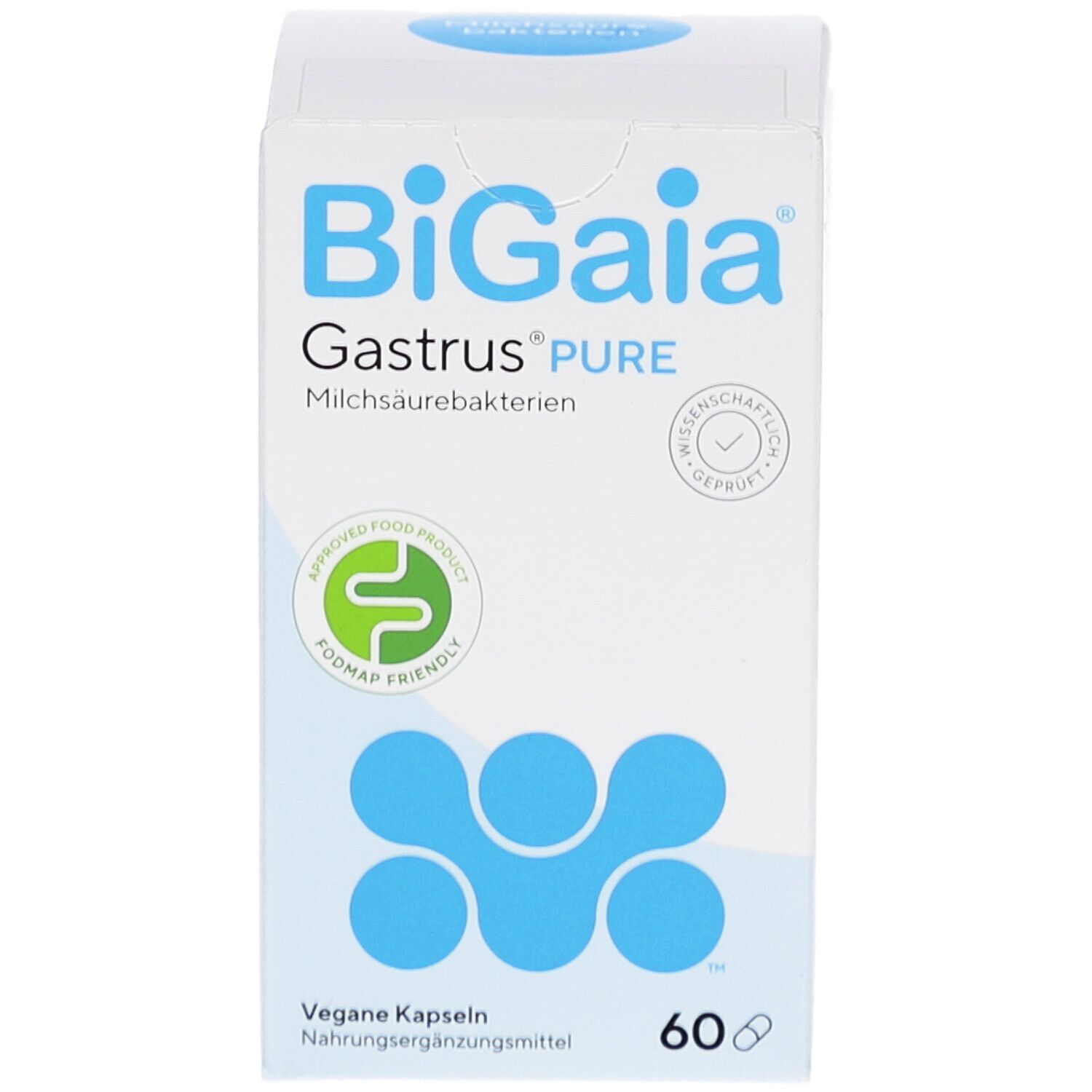 BioGaia Gastrus® Pure Verpackung. Weiße Schachtel mit blauem Logo und Text. 60 Kapseln. Fodmap-freundlich.