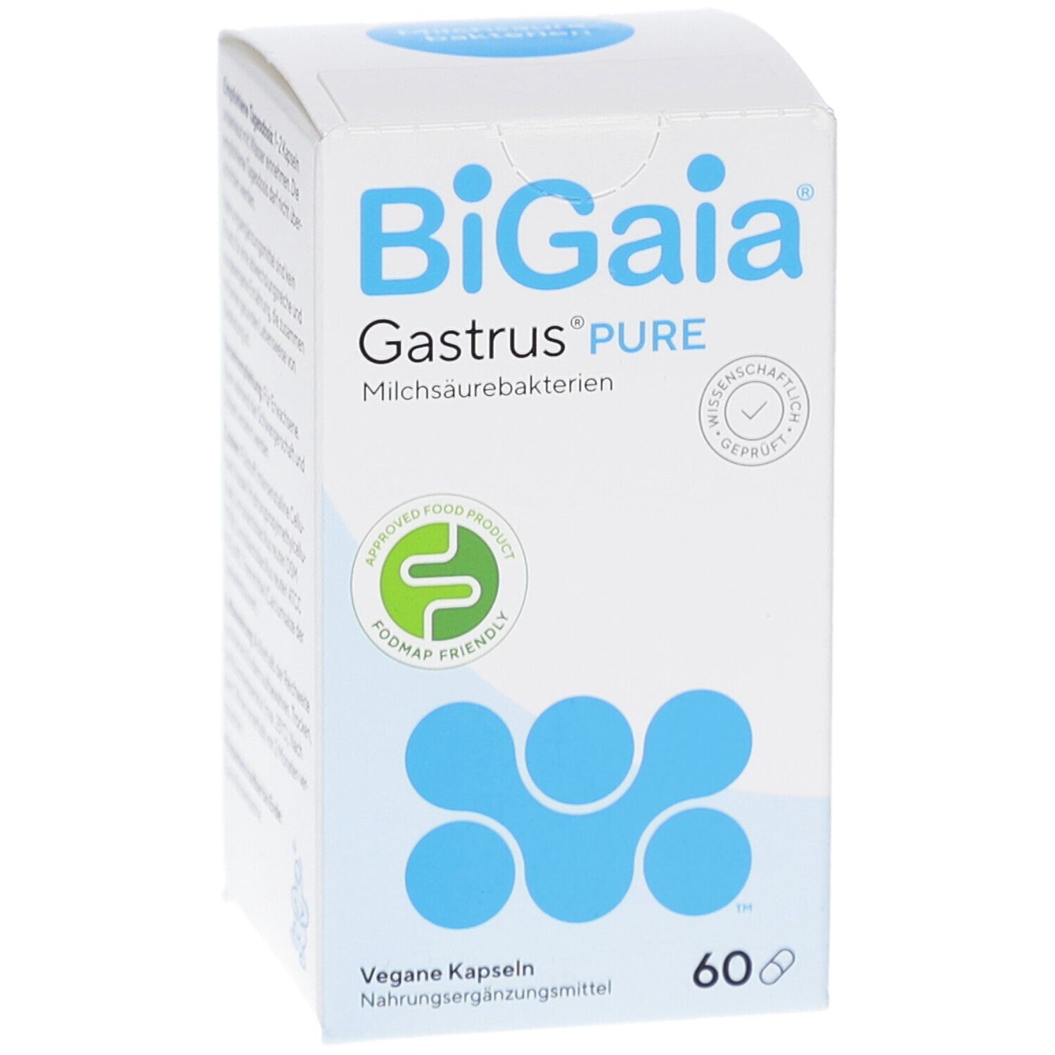 BioGaia Gastrus® Pure Verpackung. Weiße Schachtel mit blauem Logo und Text. 60 Kapseln. Fodmap-freundlich.