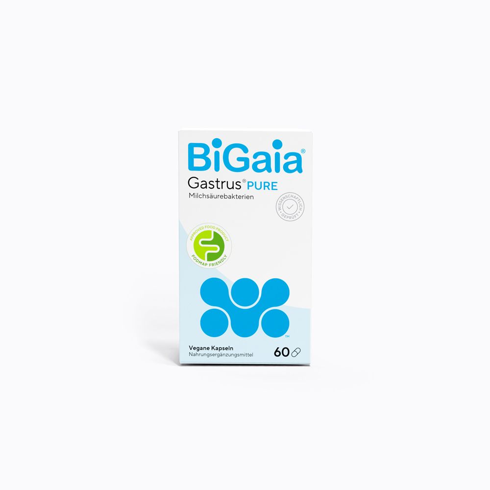 BioGaia Gastrus® Pure Verpackung. Weiße Schachtel mit blauem Logo und Text. 60 Kapseln.
