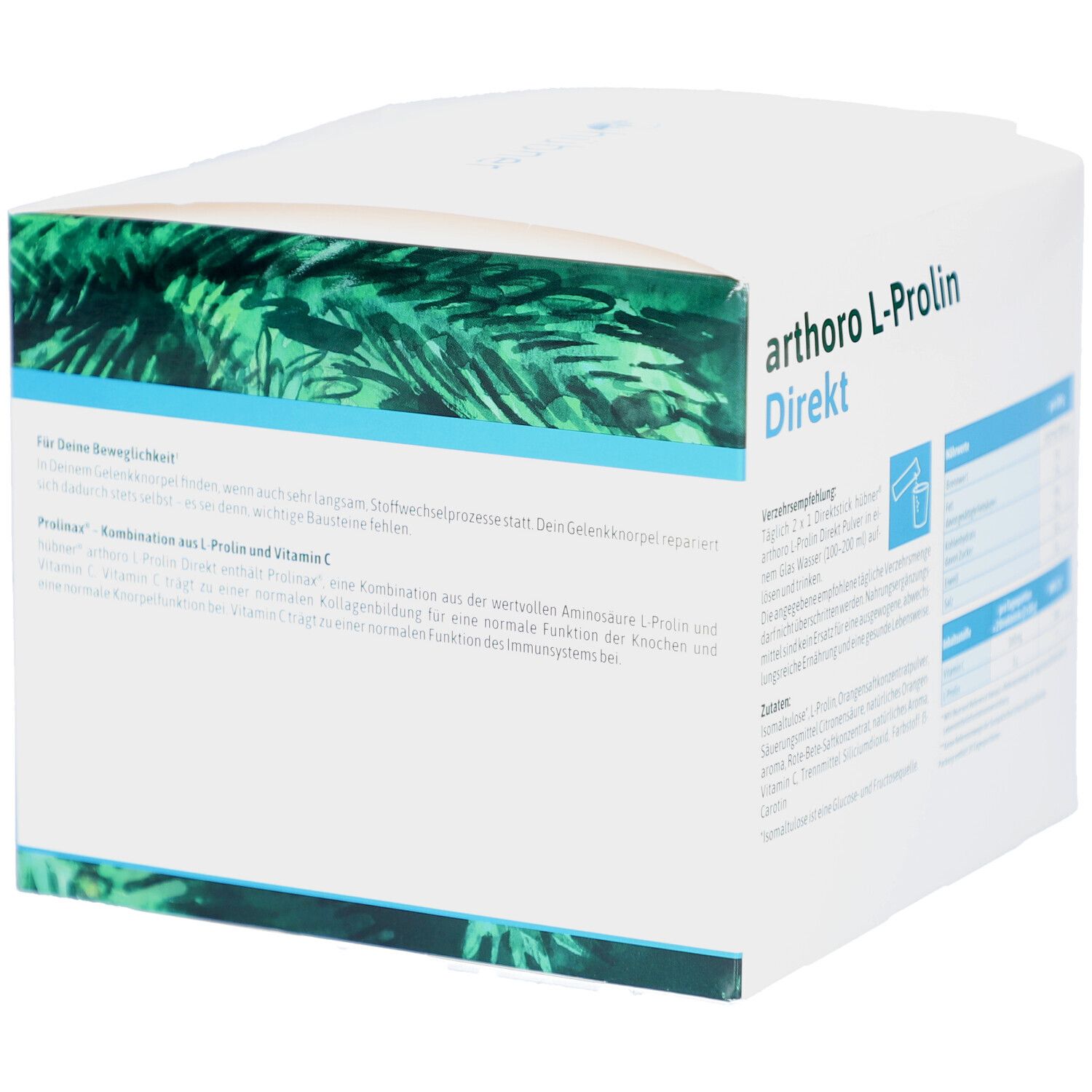 Weißer Karton mit Produktbezeichnung arthoro L-Prolin Direkt. Enthält Informationen zur Anwendung und Inhaltsstoffe.