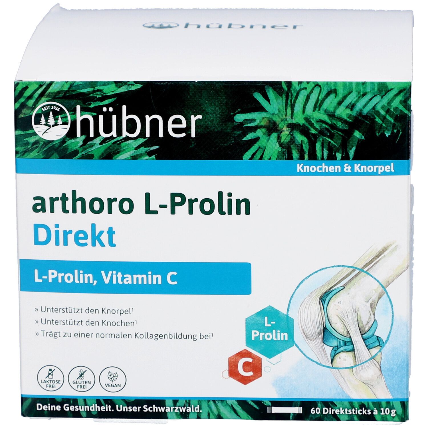 Weißer Karton mit Produktbezeichnung arthoro L-Prolin Direkt. Enthält L-Prolin, Vitamin C. 60 Direktsticks à 10g.