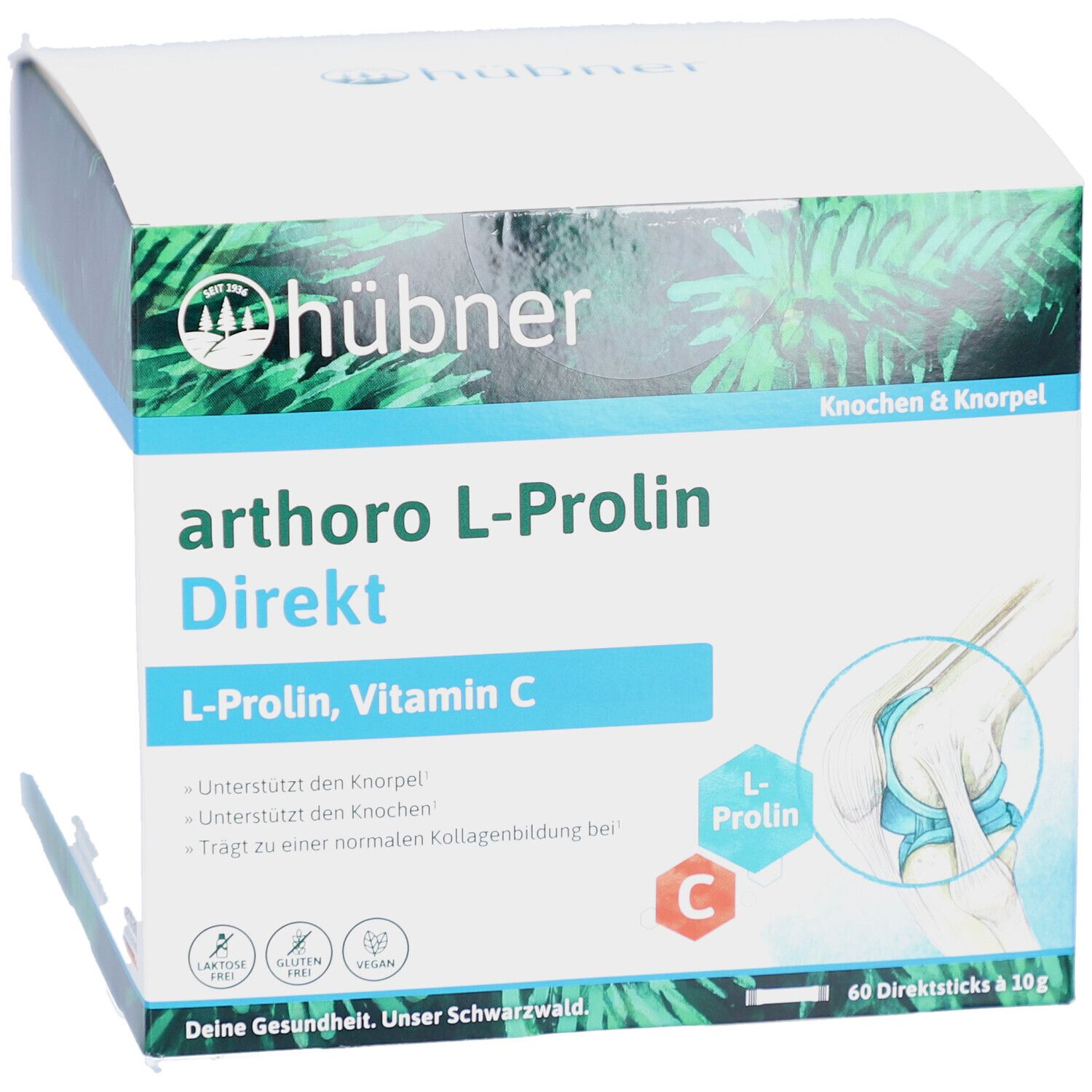 Weißer Karton mit Produktbezeichnung arthoro L-Prolin Direkt. Enthält L-Prolin, Vitamin C. 60 Direktsticks à 10g.