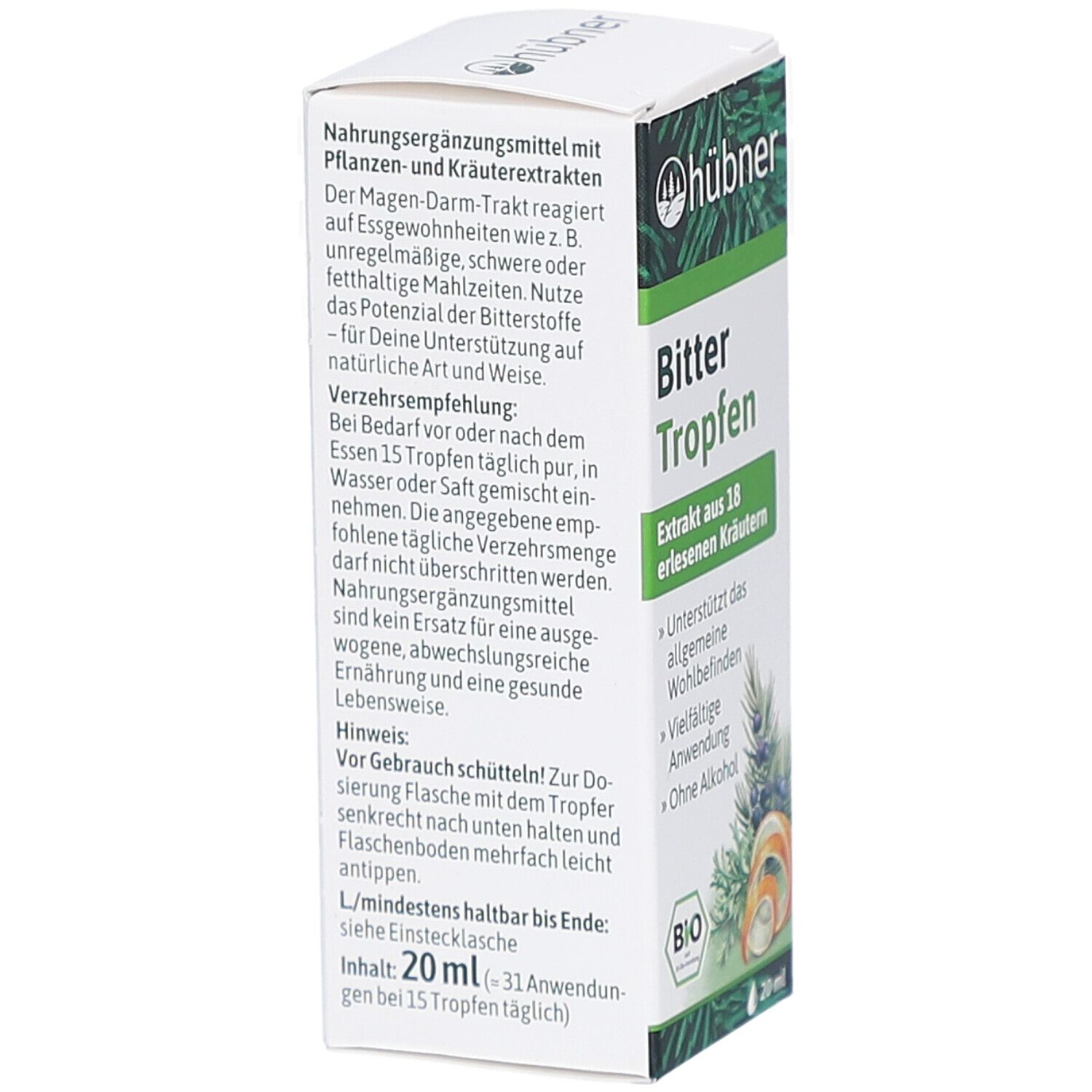 Karton von HÜBNER Bitter Tropfen. Text über Nahrungsergänzungsmittel und Verzehrempfehlung. 20 ml Inhalt.