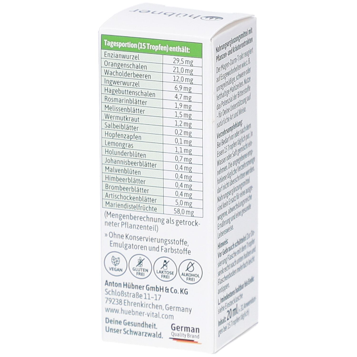 Karton von HÜBNER Bitter Tropfen. Auflistung der Inhaltsstoffe. Vegan, glutenfrei, laktosefrei, alkoholfrei.
