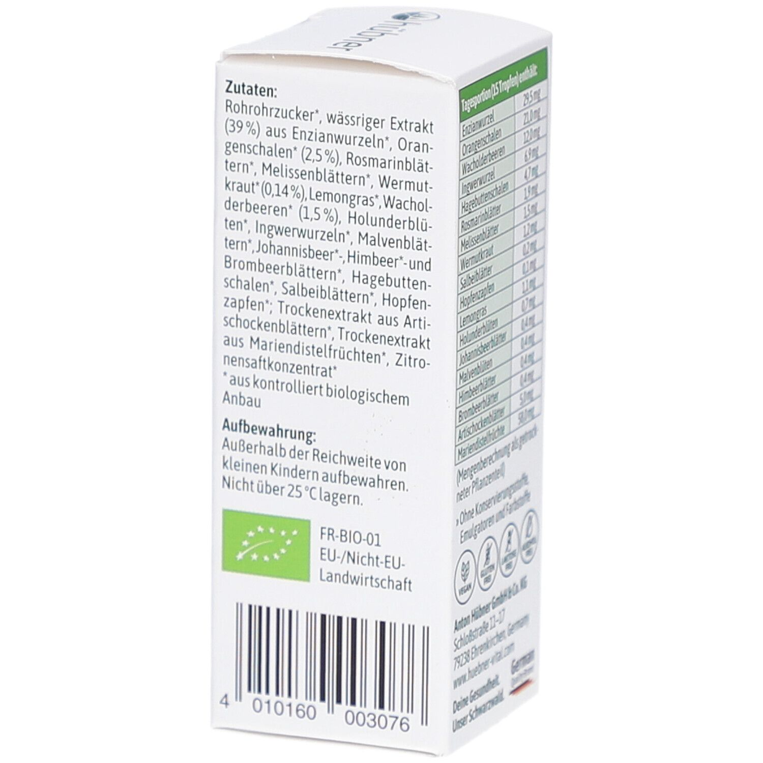 Karton von HÜBNER Bitter Tropfen. Zutatenliste und Bio-Siegel. Barcode und Herstellerinformationen.