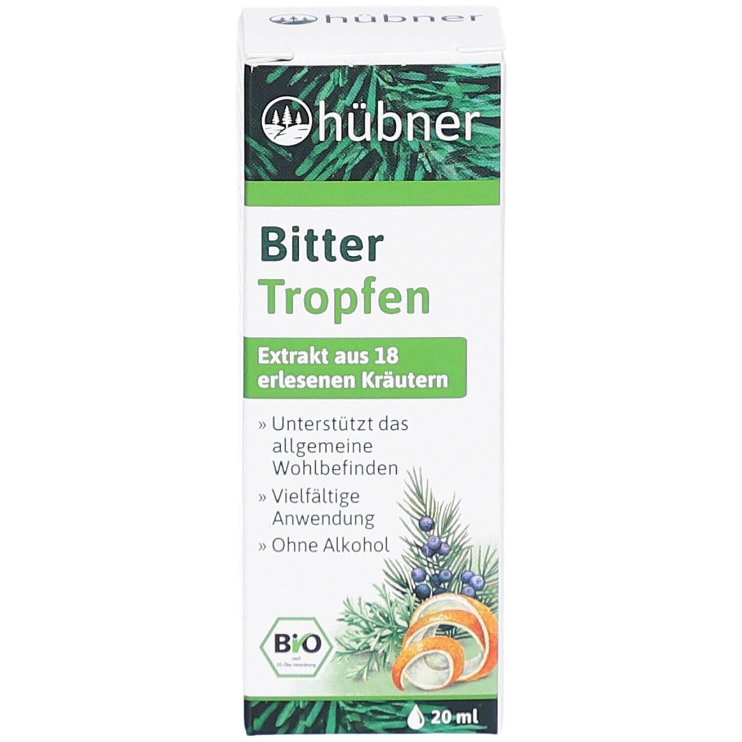 Karton von HÜBNER Bitter Tropfen. Vorderansicht mit Produktnamen und Logo. Bio-Siegel und 20 ml.