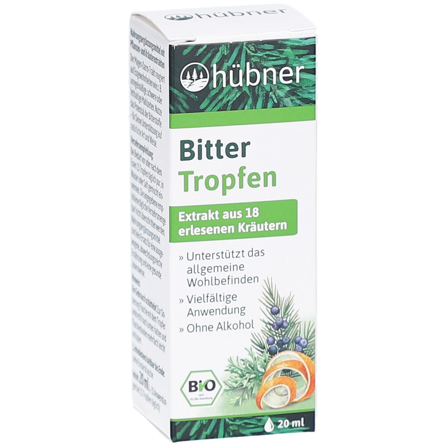 Karton von HÜBNER Bitter Tropfen. Vorderansicht mit Produktnamen und Logo. Bio-Siegel und 20 ml.