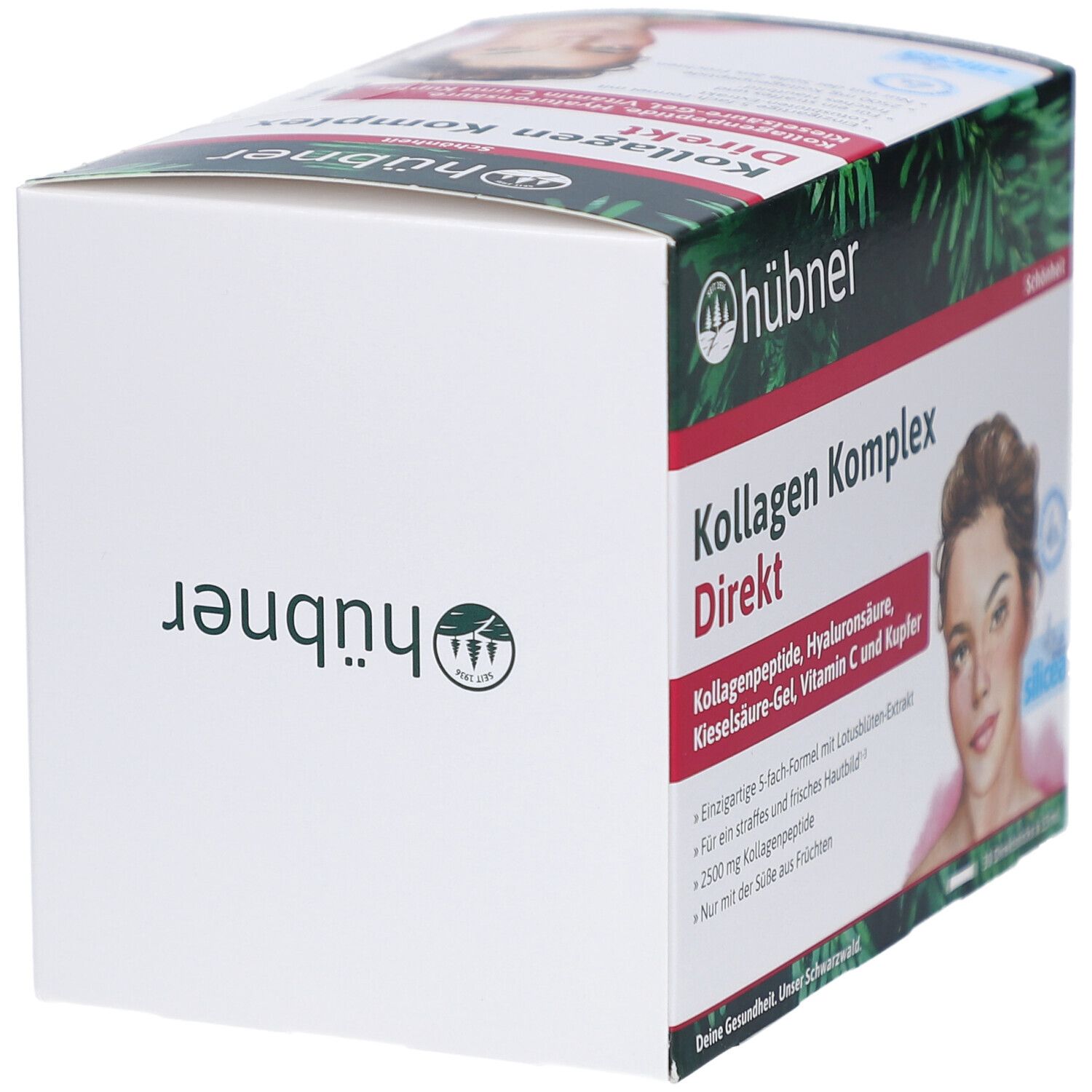 Weiße Schachtel mit HÜBNER Logo und Aufdruck Kollagen Komplex Direkt. Seitlich: Kollagenpeptide, Hyaluronsäure, Kieselsäure-Gel, Vitamin C und Kupfer.