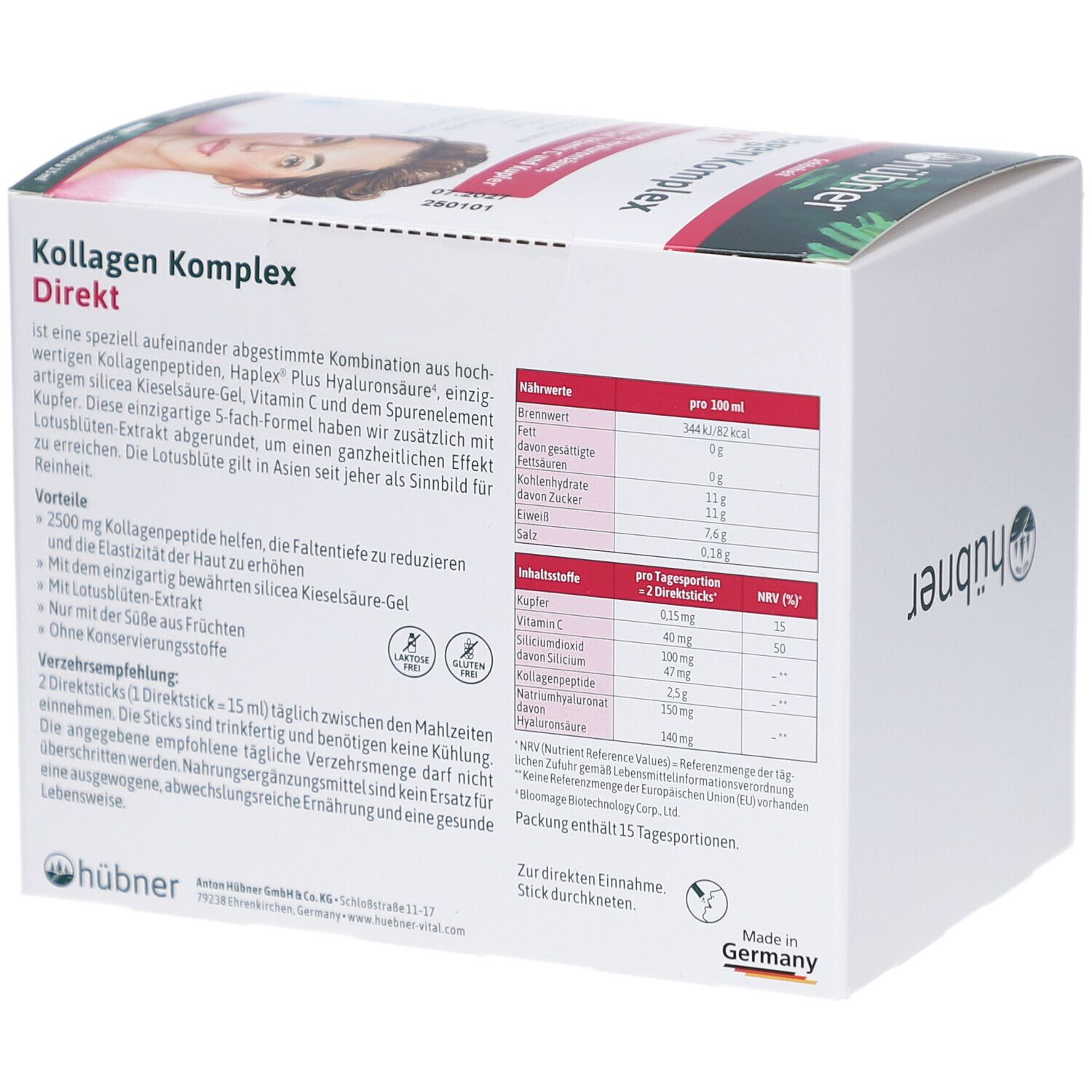 Schachtel mit HÜBNER Kollagen Komplex Direkt. Rückseite mit Nährwertangaben und Inhaltsstoffen. Text in Deutsch.