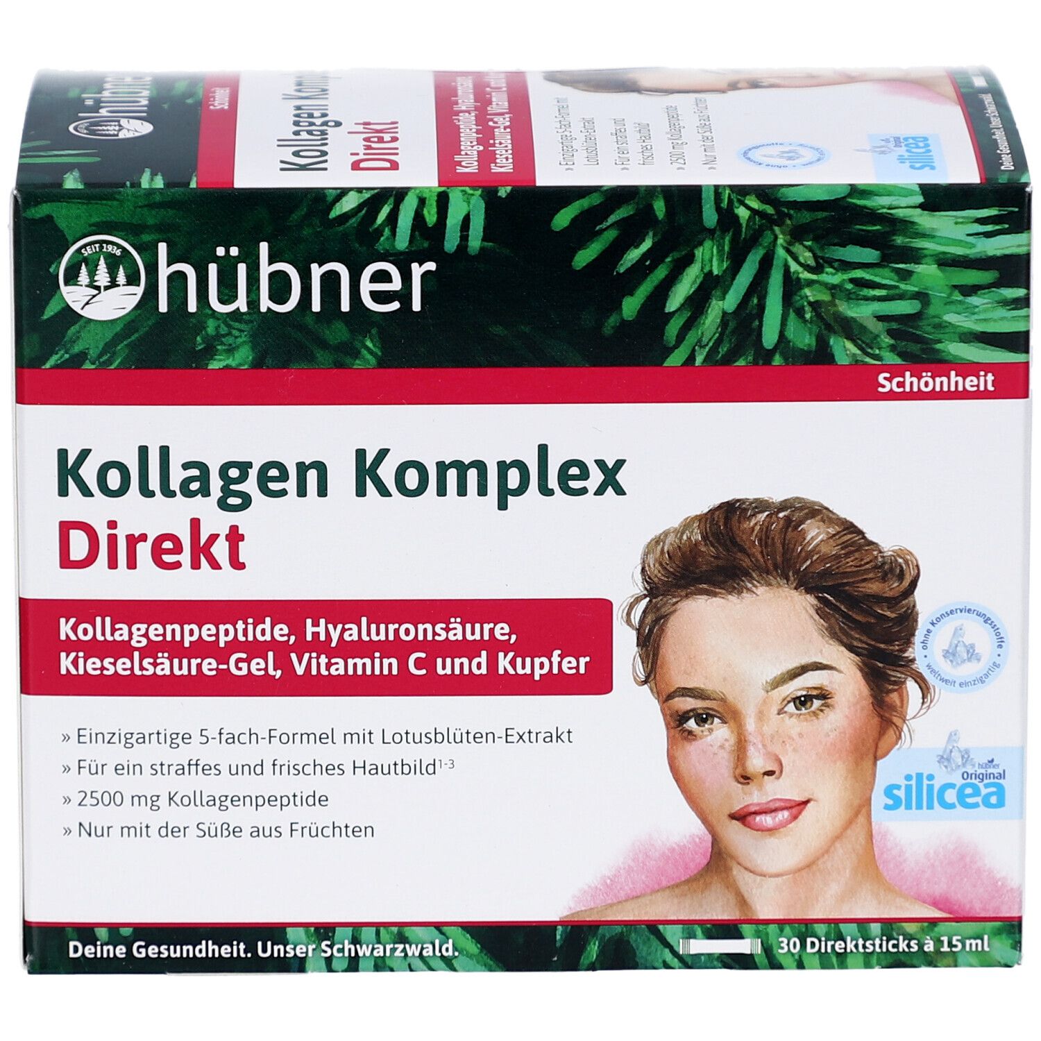 Karton mit HÜBNER Kollagen Komplex Direkt. Aufdrucke: Kollagen Komplex Direkt, Frauengesicht, 30 Trinksticks, 450 ml.