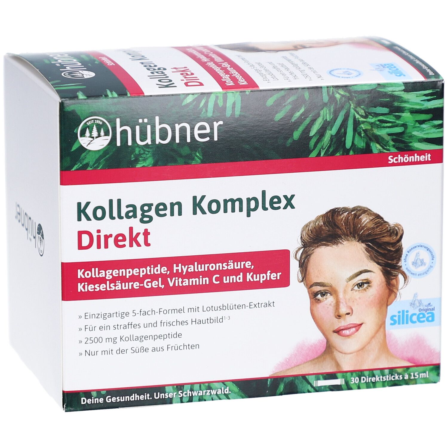 Karton mit HÜBNER Kollagen Komplex Direkt. Aufdrucke: Kollagen Komplex Direkt, Frauengesicht, 30 Trinksticks, 450 ml.
