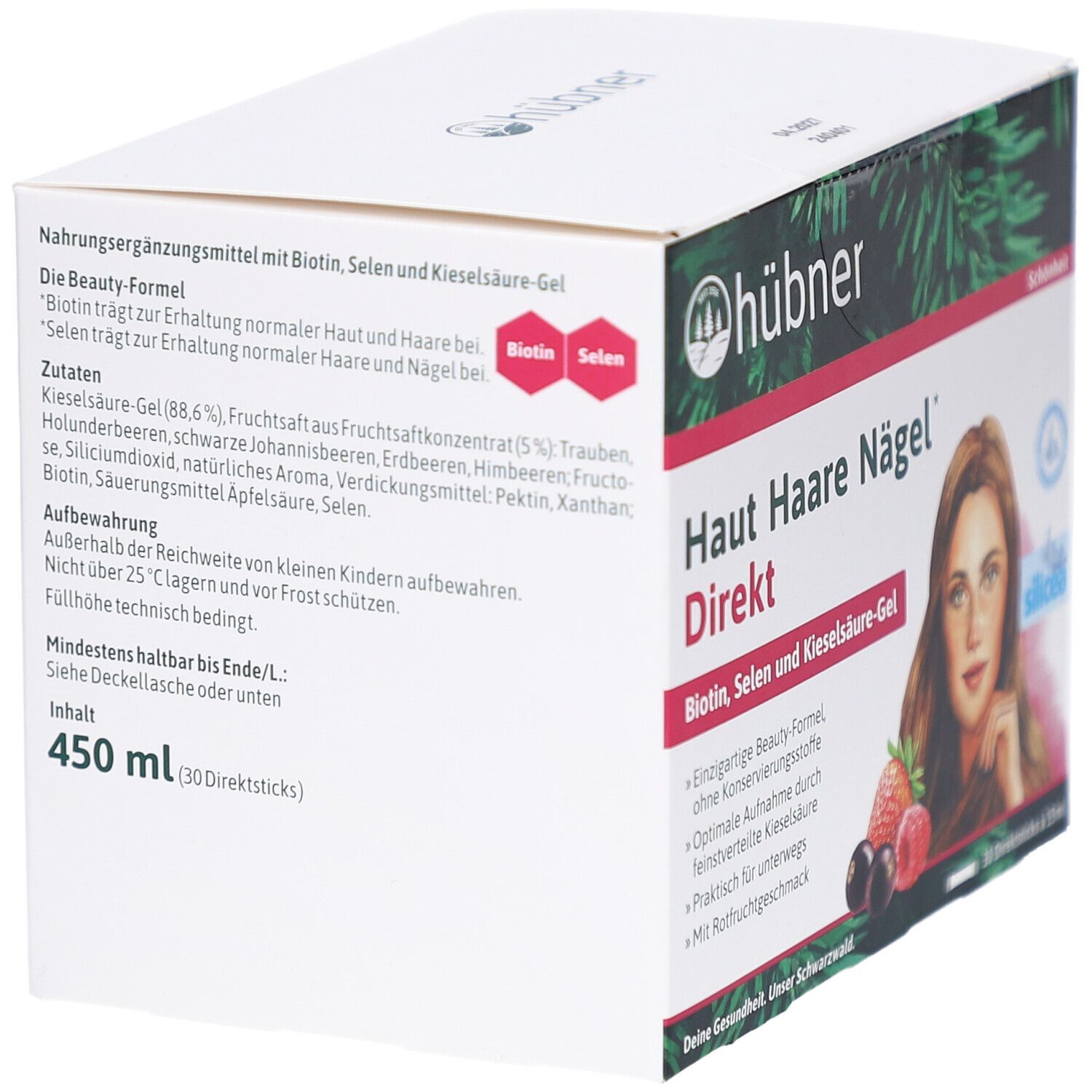 Produktverpackung mit Text. Enthält: Haut Haare Nägel Direkt. Angaben zu Inhaltsstoffen und Nährwerten. Marke: Hübner.