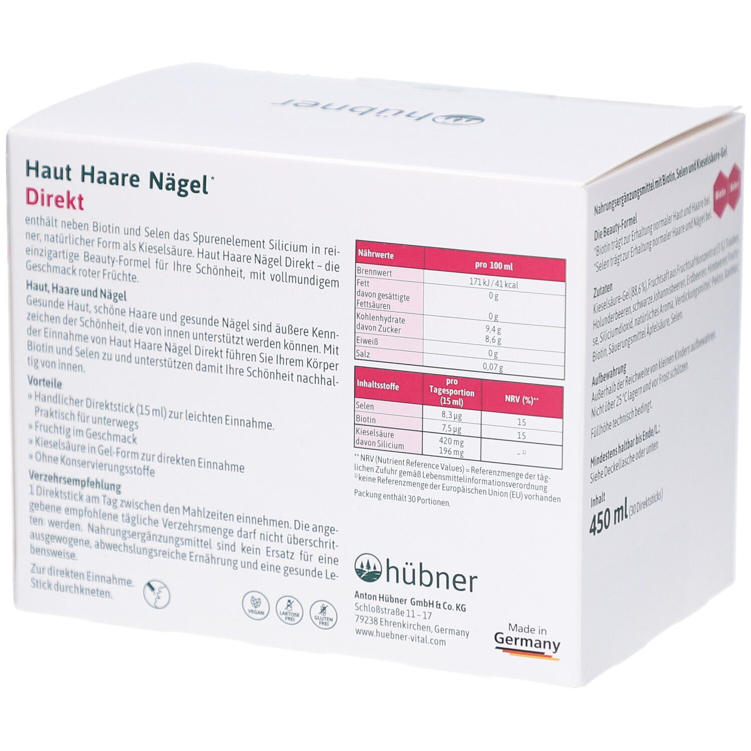 Produktverpackung mit Text. Enthält: Haut Haare Nägel Direkt. Angaben zu Inhaltsstoffen und Nährwerten. Marke: Hübner.