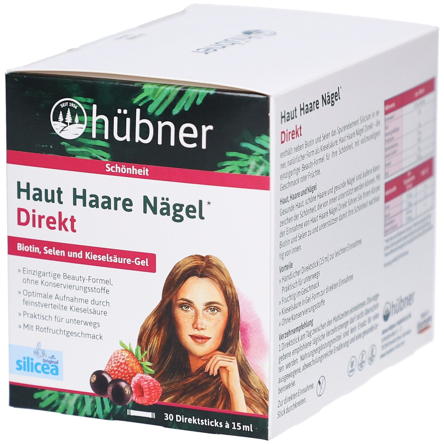 Karton mit Produktaufdruck. Enthält: Haut Haare Nägel Direkt. Abbildung einer Frau, Früchte. Marke: Hübner.