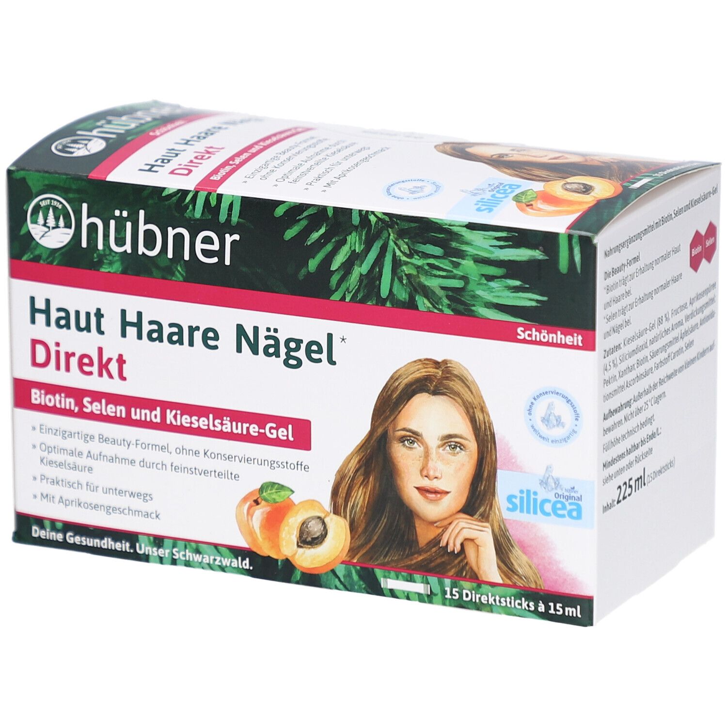 Verpackung von HÜBNER Haut Haare Nägel Direkt. Enthält Biotin, Selen und Kieselsäure-Gel. Abbildung einer Frau und Aprikosen.