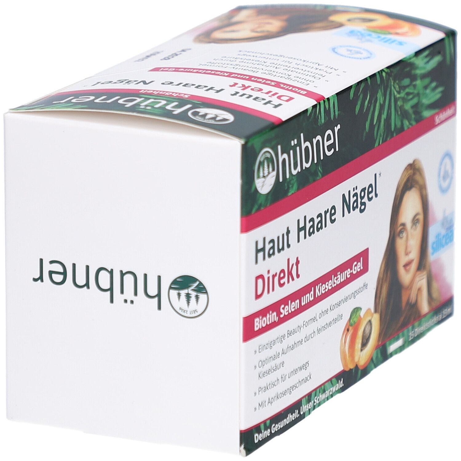 Schrägansicht der HÜBNER Haut Haare Nägel Direkt Verpackung. Logo und Produktname deutlich sichtbar. Abbildung einer Frau.
