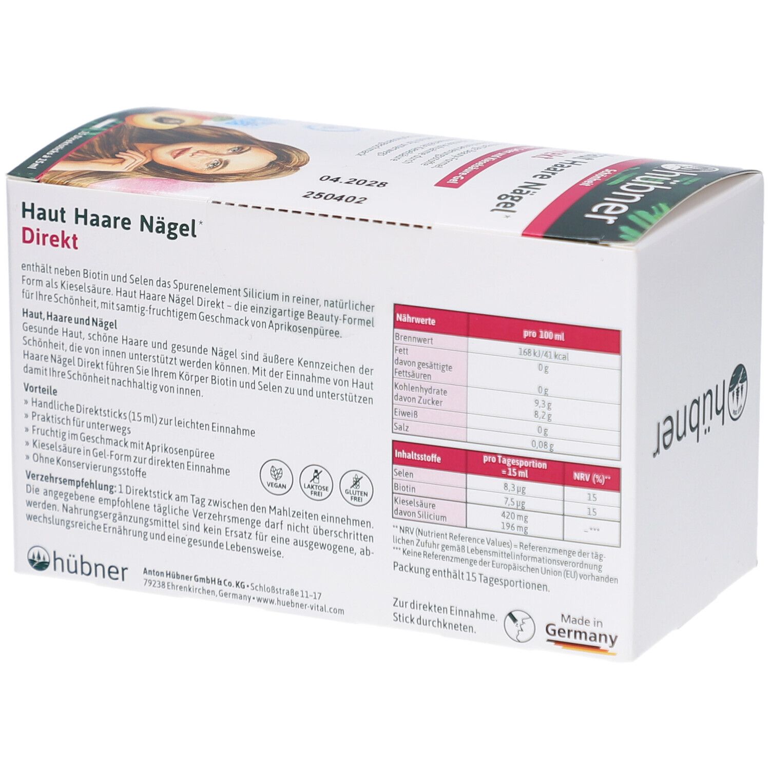 Rückseite der HÜBNER Haut Haare Nägel Direkt Verpackung. Enthält Nährwertangaben und Inhaltsstoffe. Text in Deutsch.