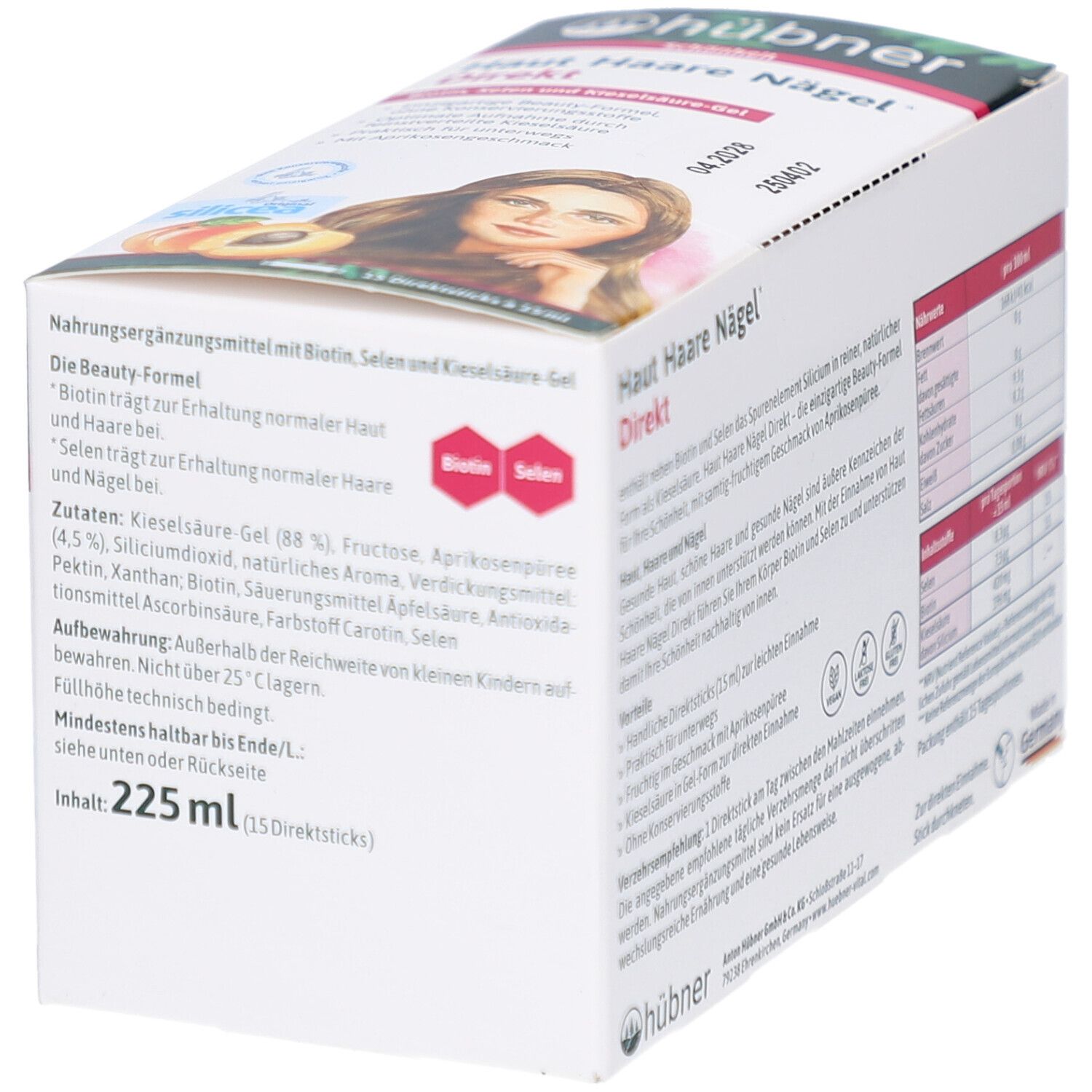 Rückseite der HÜBNER Haut Haare Nägel Direkt Verpackung. Enthält Inhaltsstoffe und Anwendungshinweise. Text in Deutsch.