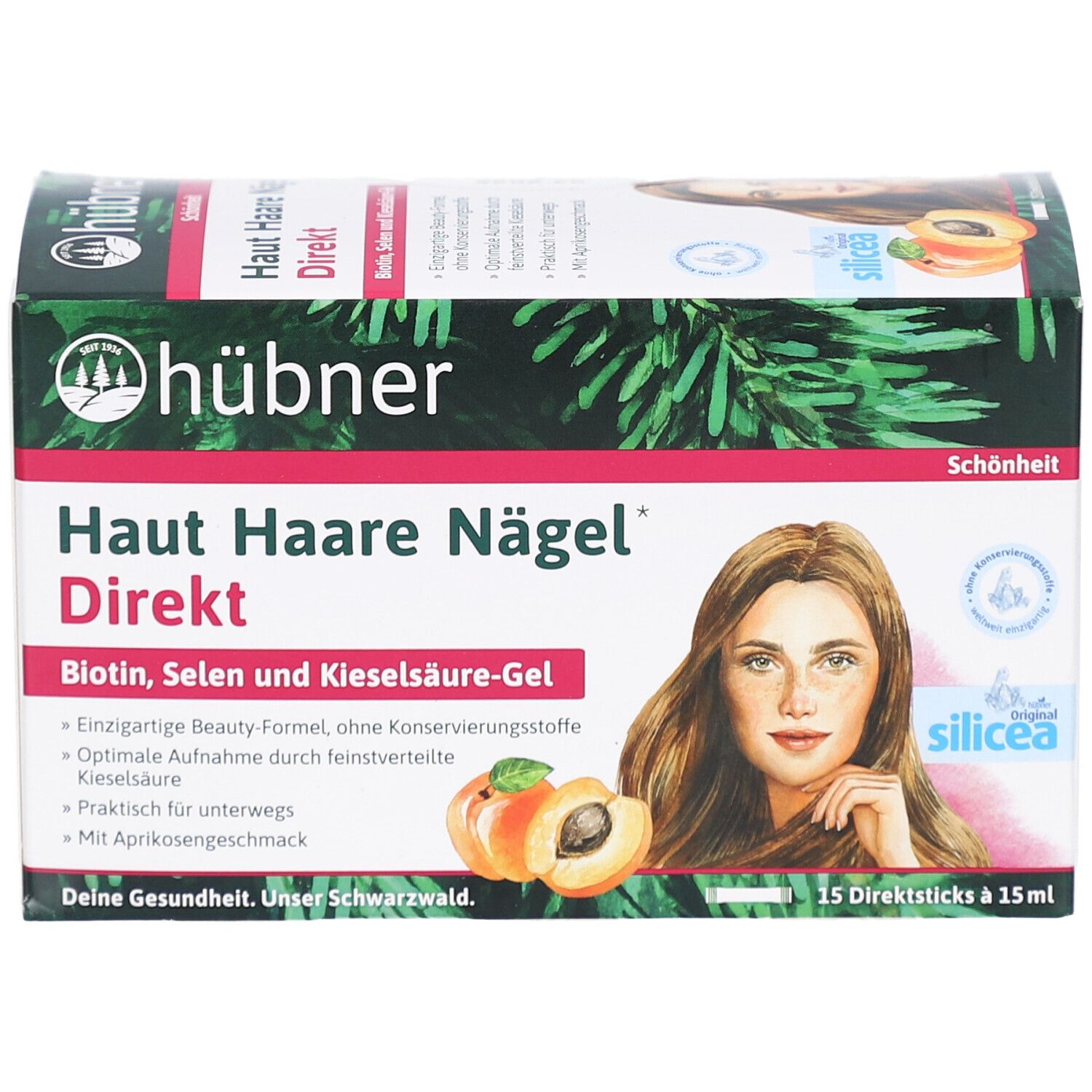 HÜBNER Haut Haare Nägel Direkt Verpackung. Enthält Biotin, Selen und Kieselsäure-Gel. Abbildung einer Frau und Aprikosen.