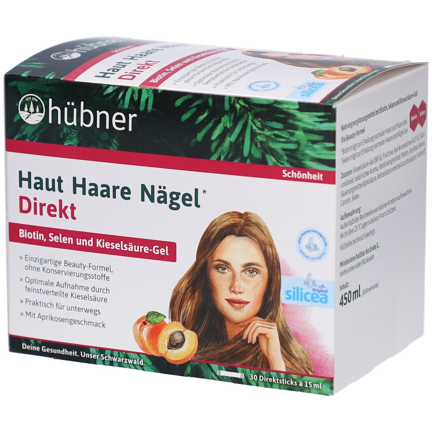 Karton mit Produktaufdruck. Aufschrift: Haut Haare Nägel Direkt. Bild einer Frau, Aprikosen. 30 Direktsticks à 15ml.