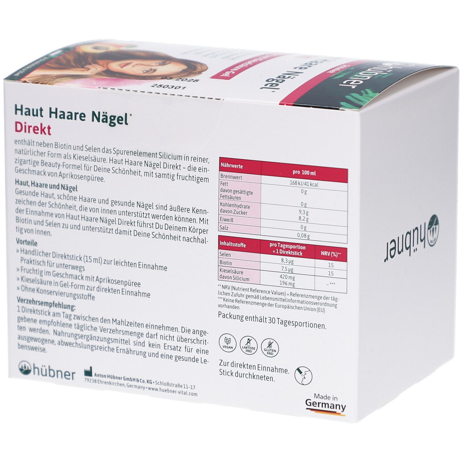 Produktverpackung mit Nährwertangaben. Aufschrift: Haut Haare Nägel Direkt. Enthält Nährwerttabelle und Inhaltsstoffe.
