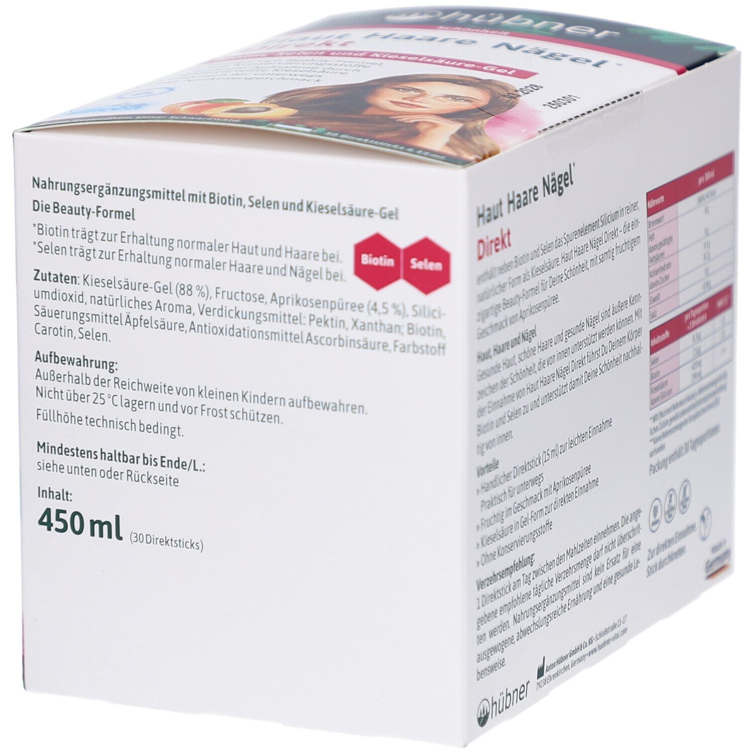 Produktverpackung mit Inhaltsstoffen. Aufschrift: Haut Haare Nägel Direkt. Enthält Zutatenliste, Warnhinweise und Inhaltsangaben.