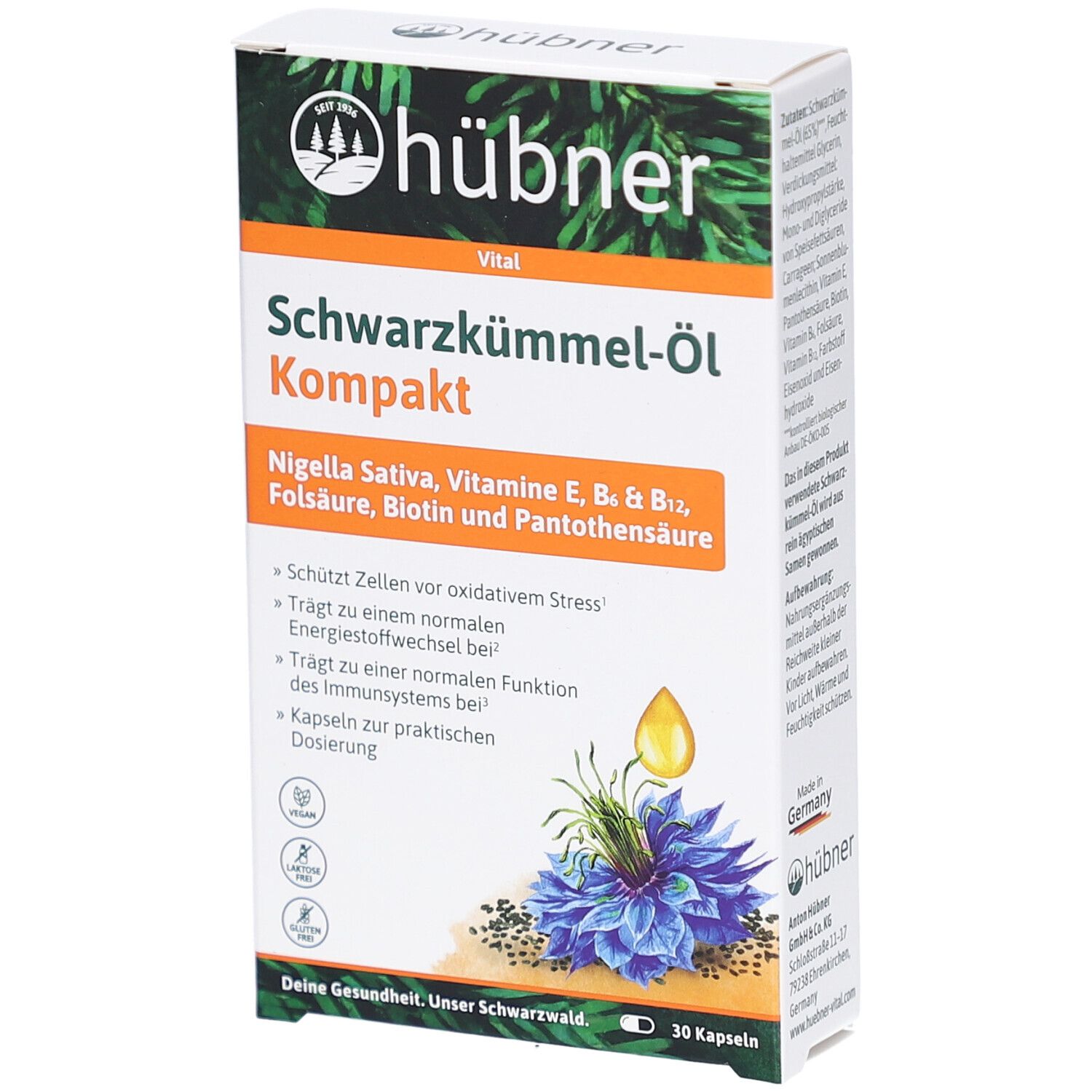 Karton mit Produktaufdruck. Schwarzkümmel-Öl Kompakt Kapseln. Pflanzenabbildung und Tropfen. 30 Kapseln.