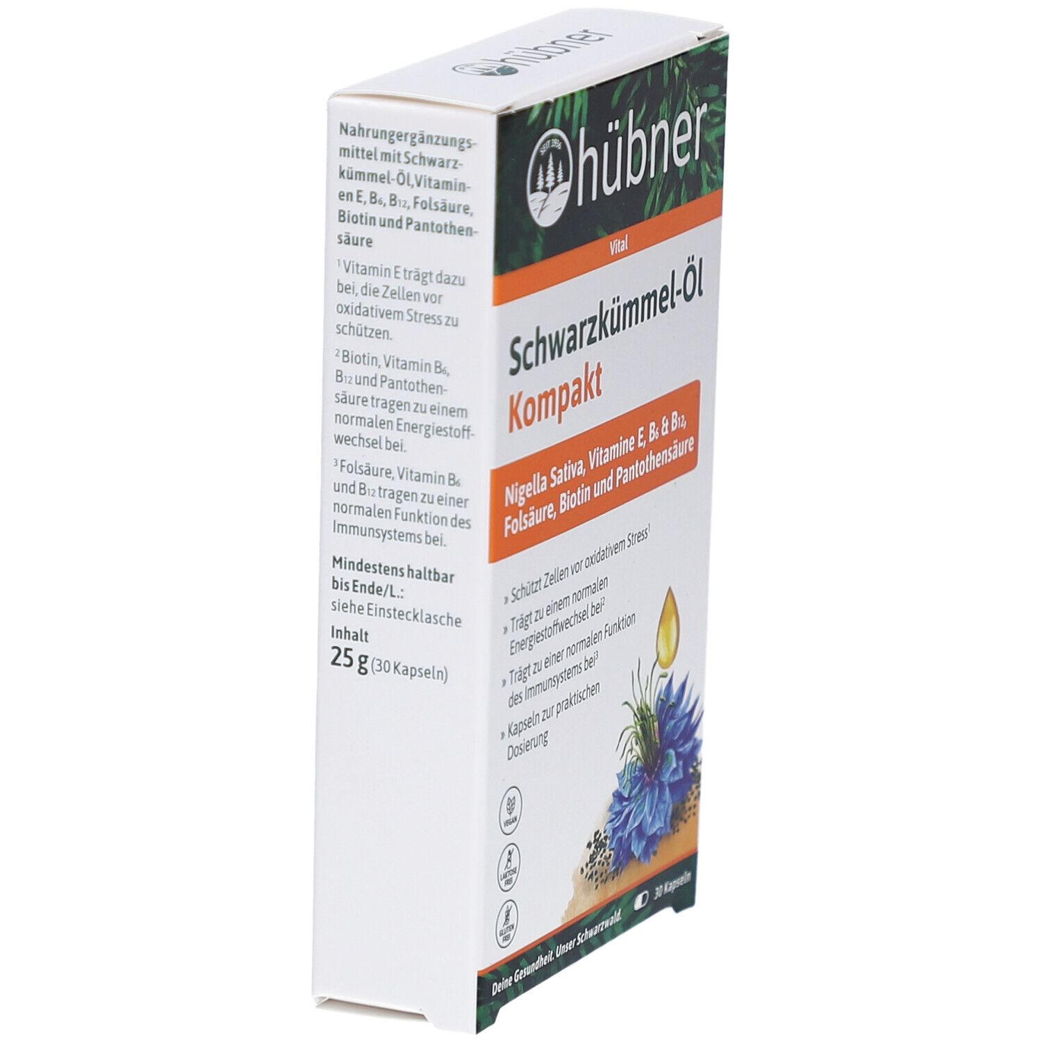 Karton mit Produktaufdruck. Schwarzkümmel-Öl Kompakt Kapseln. Text und Inhaltsangabe. 25g (30 Kapseln).