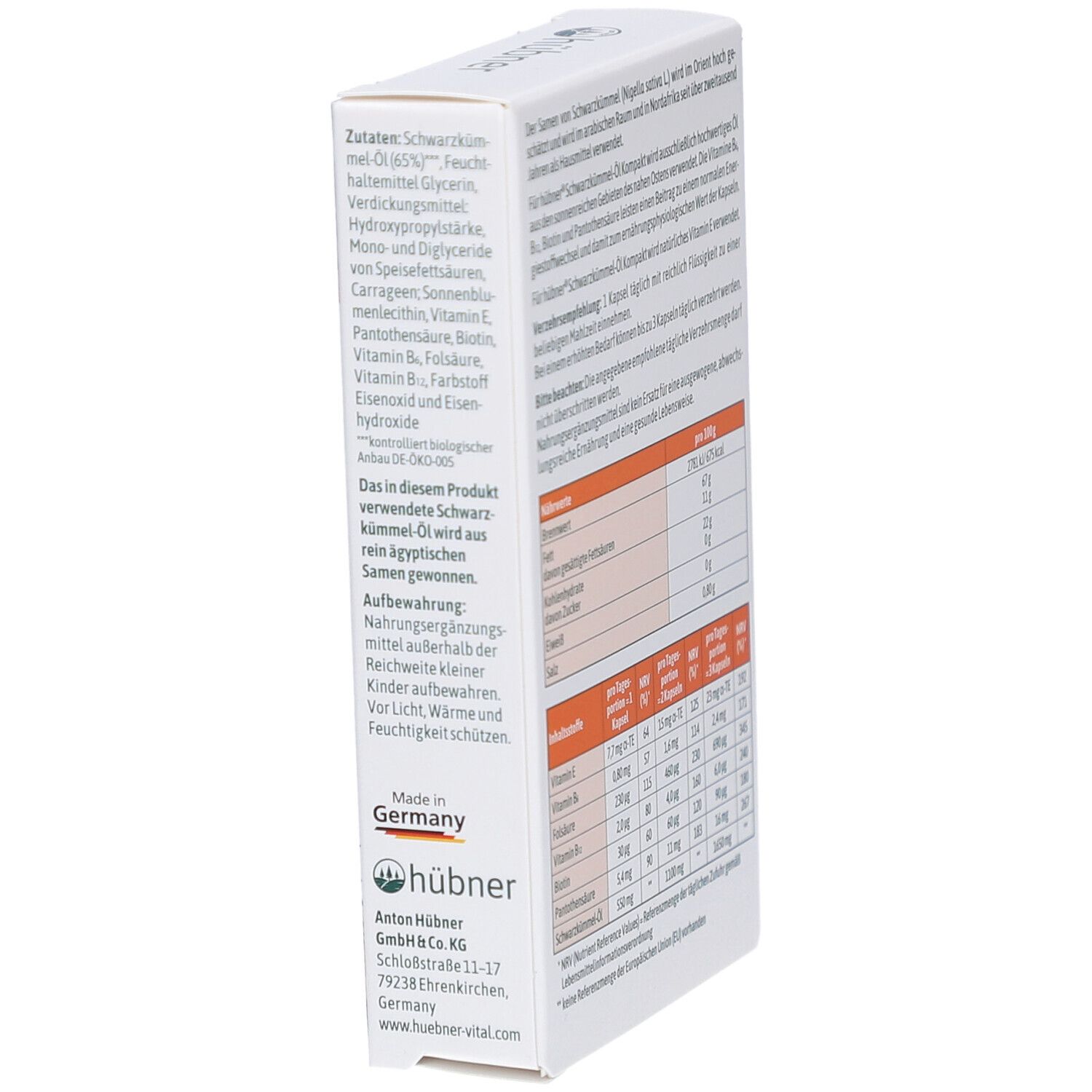 Seitenansicht der Produktverpackung. Text mit Inhaltsstoffen und Herstellerinformationen. Tabelle mit Nährwerten.