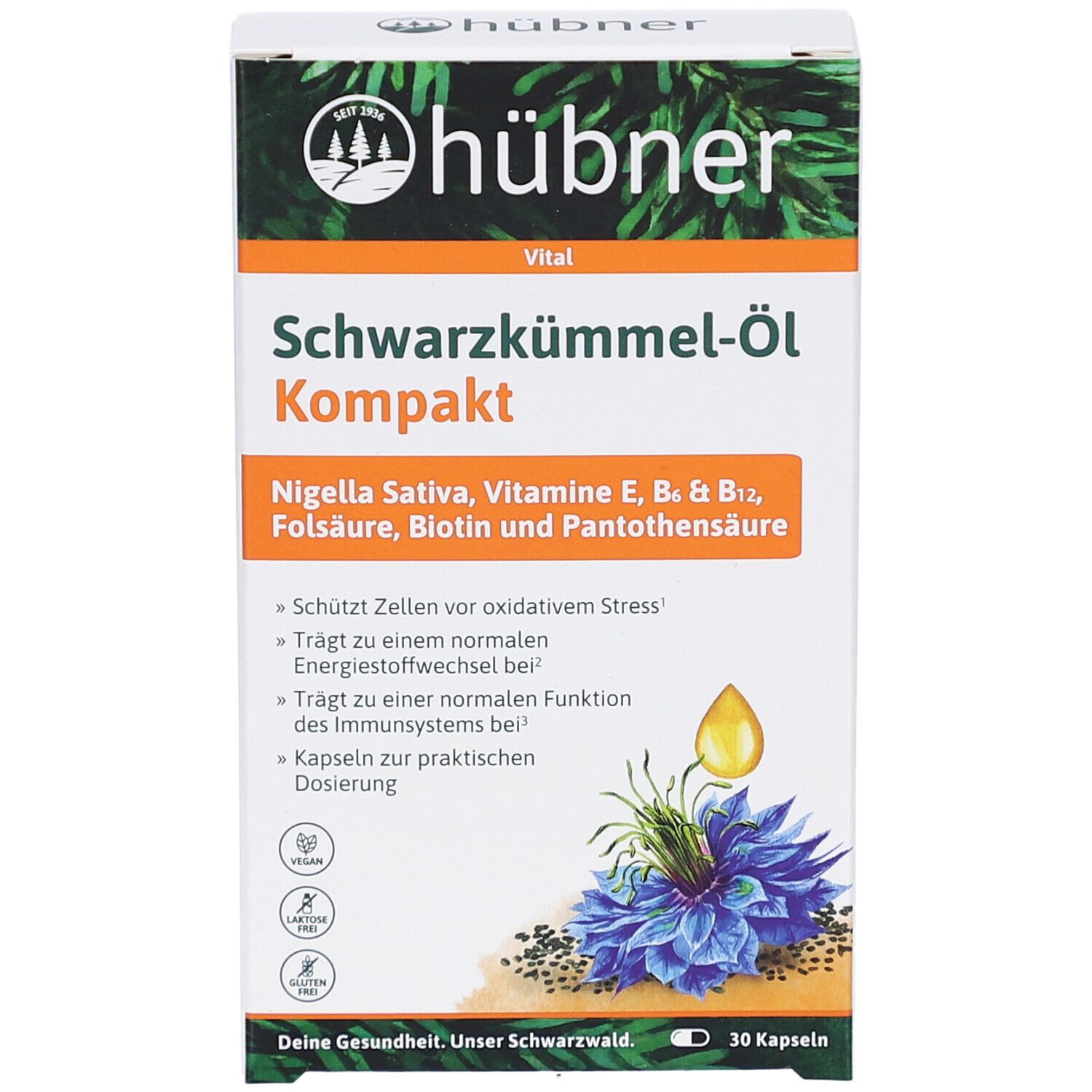 Karton mit Produktaufdruck. Schwarzkümmel-Öl Kompakt Kapseln. Pflanzenabbildung und Tropfen. 30 Kapseln.