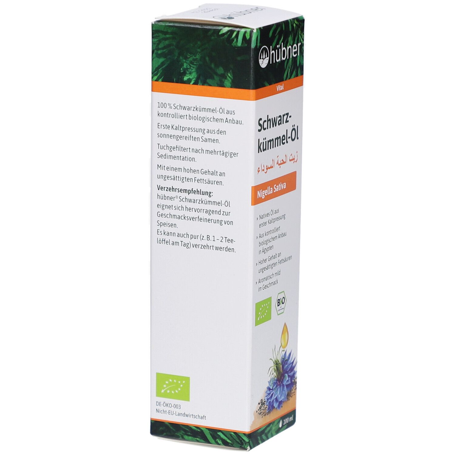 HÜBNER Schwarzkümmel-Öl Bio Verpackung. Text über Inhaltsstoffe und Verarbeitung. Bio-Siegel. Illustration von Blüte und Öl-Tropfen.