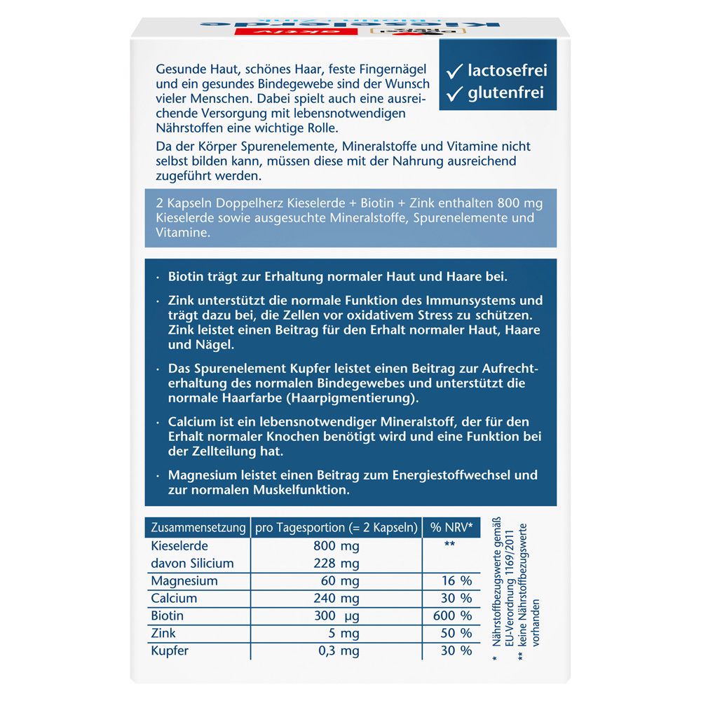 Rückseite der Verpackung von DOPPELHERZ Kieselerde+Biotin+Zink Kapseln. Text über Inhaltsstoffe und Vorteile. Enthält Informationen zu Nährwerten.