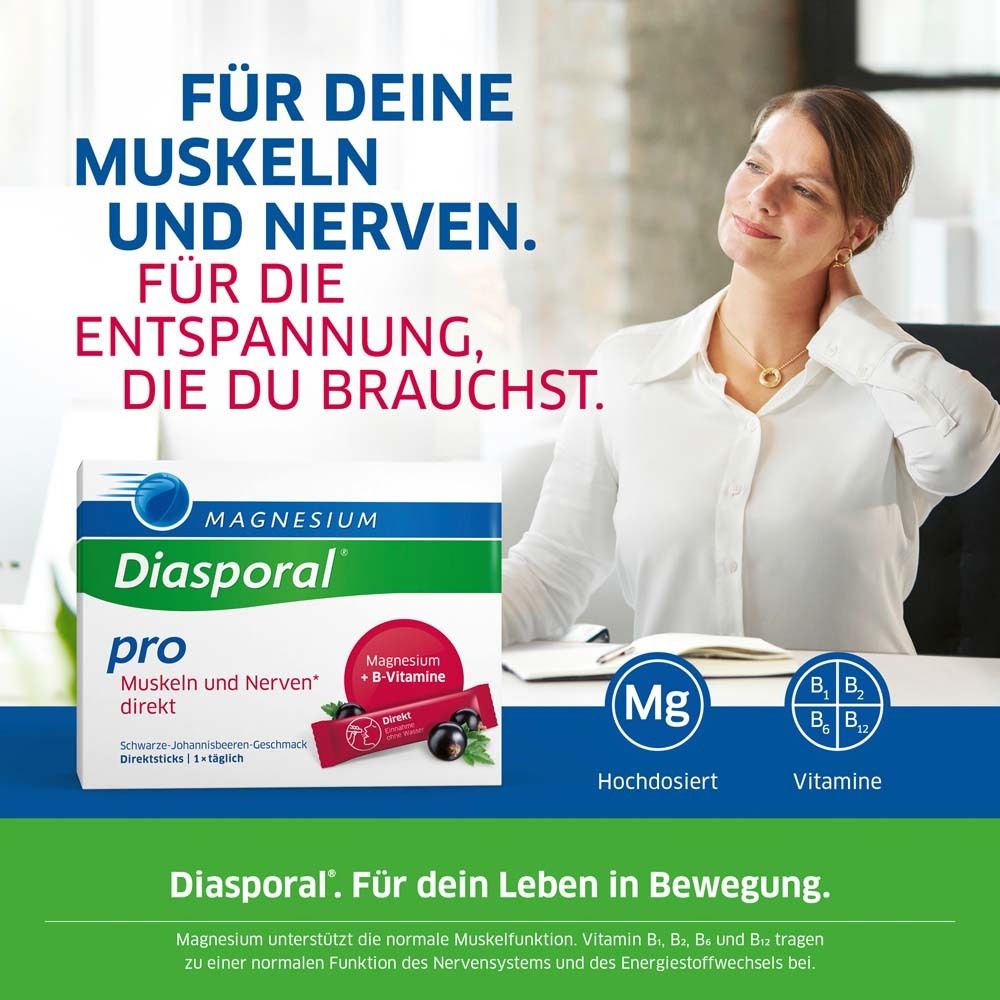 Frau mit Nackenschmerzen. Schachtel Magnesium-Diasporal pro. Text über Muskeln und Nerven. Vitamine B.