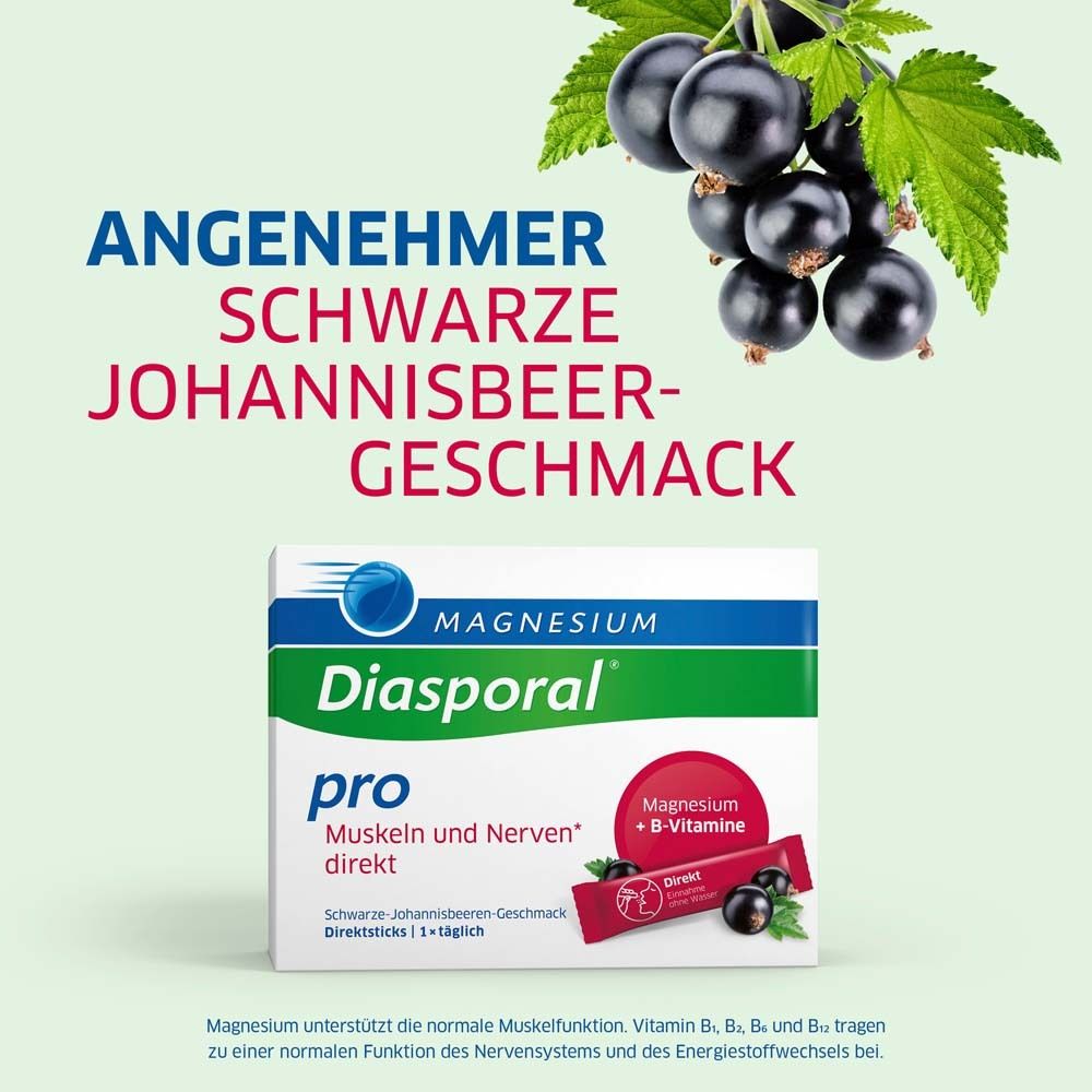 Schwarze Johannisbeeren. Text: Angenehmer schwarze Johannisbeer-Geschmack. Magnesium-Diasporal pro. Direktsticks.