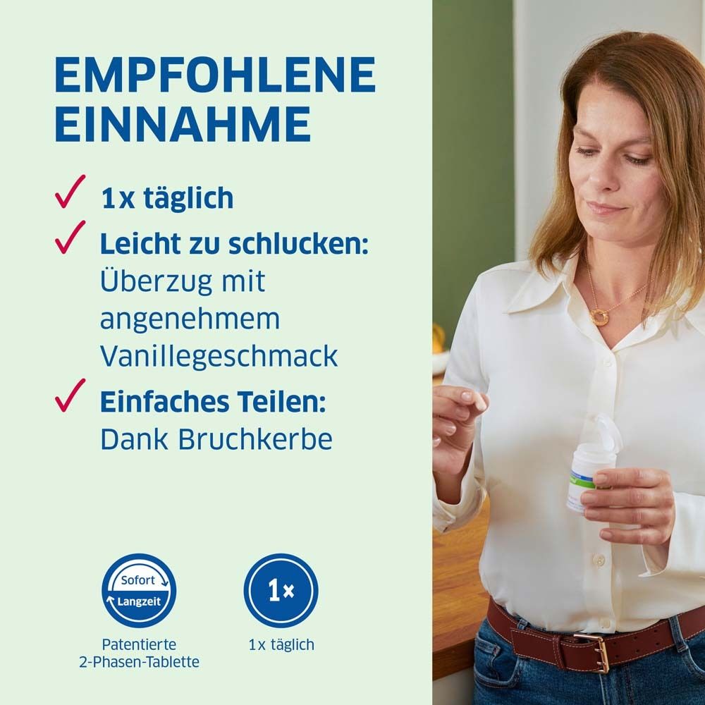 Frau mit Tablette. Text: 1x täglich. Leicht zu schlucken. Einfaches Teilen. 2-Phasen-Tablette.