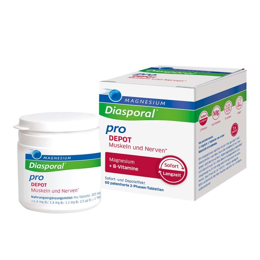 Weißes Behältnis und Schachtel mit Produktaufdruck. Magnesium-Diasporal Pro Depot Muskeln und Nerven.