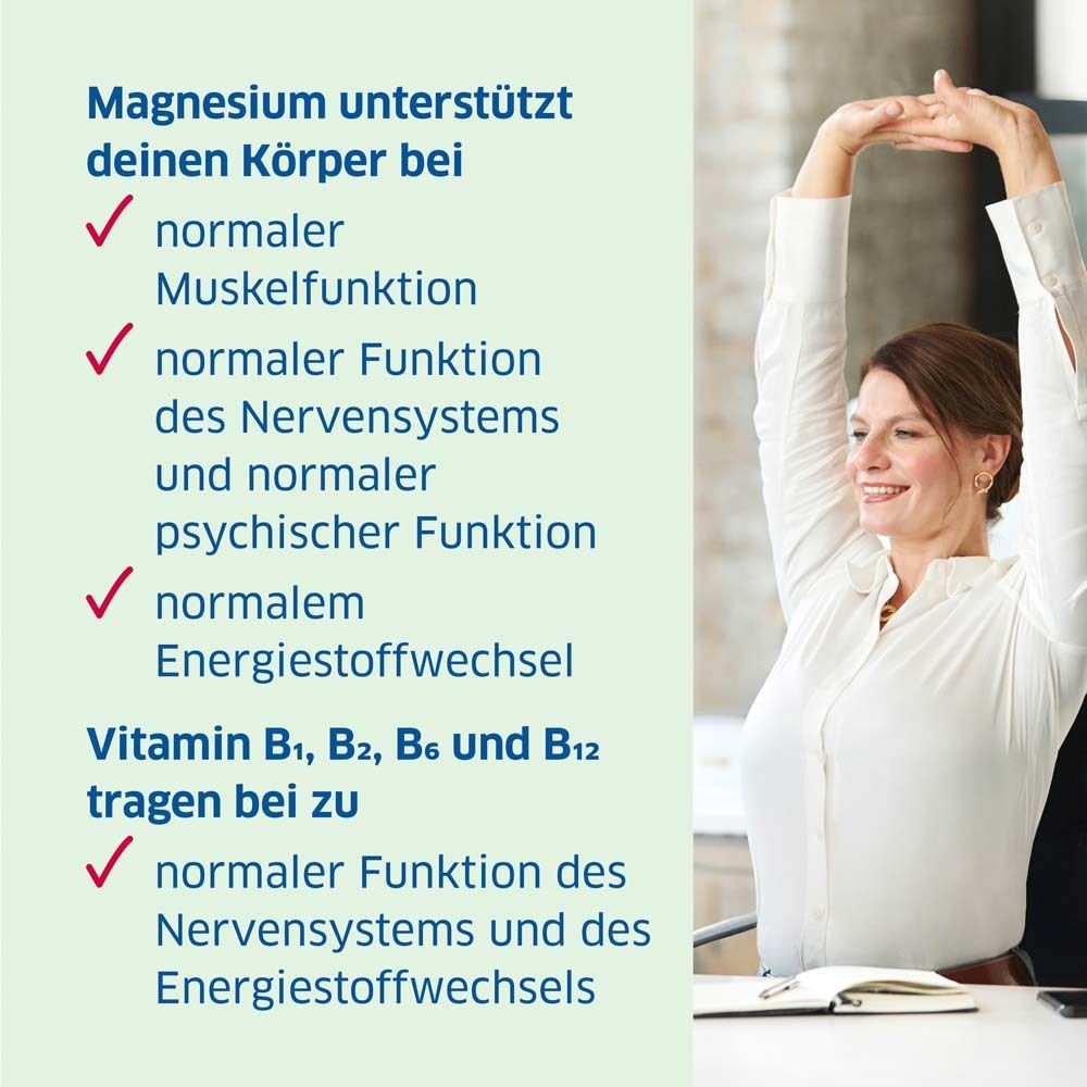 Frau hebt Arme. Text: Magnesium unterstützt deinen Körper bei normaler Muskelfunktion.