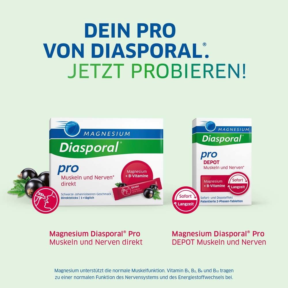 Produktabbildung. Magnesium Diasporal Pro Muskeln und Nerven direkt. Magnesium Diasporal Pro Depot.