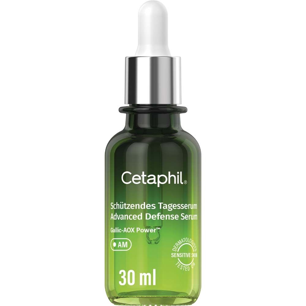 Grüne Glasflasche mit Pipette. Cetaphil-Serum, 30 ml. Aufschrift: Schützendes Tagesserum, Advanced Defense Serum.