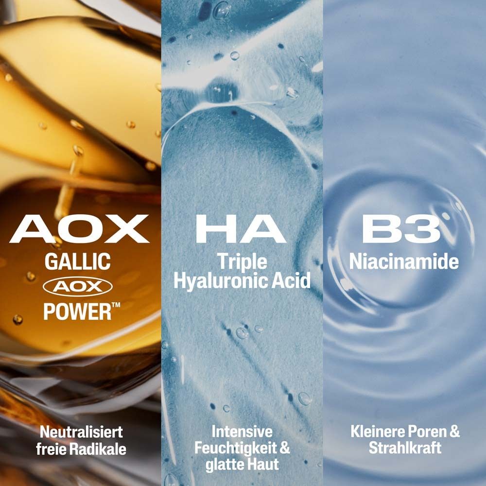 Drei Flüssigkeiten nebeneinander. Text: AOX Gallic Power, HA Triple Hyaluronsäure, B3 Niacinamid. Wirkung: Feuchtigkeit, Poren, Strahlkraft.
